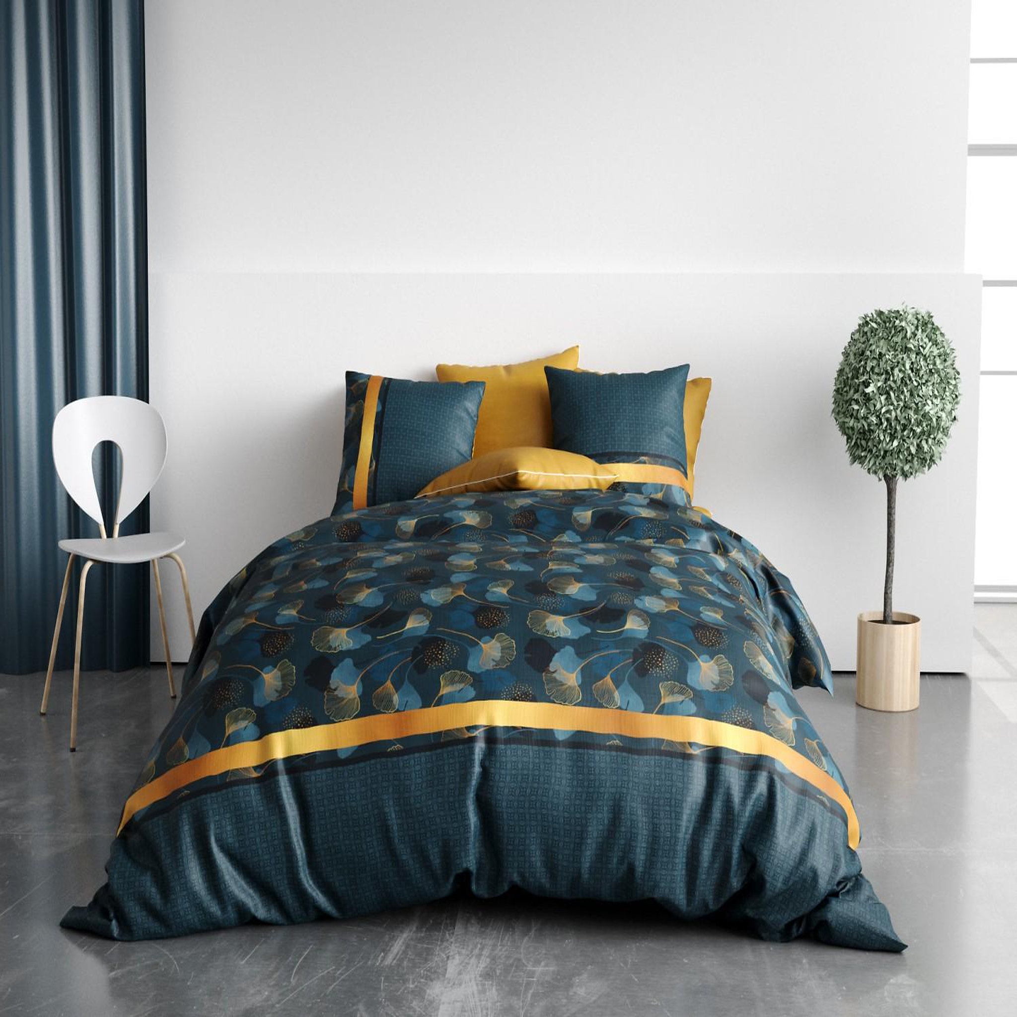 ATELIER DU COTON Parure housse de couette 100% coton 57fils ginko. Coloris disponibles : Bleu