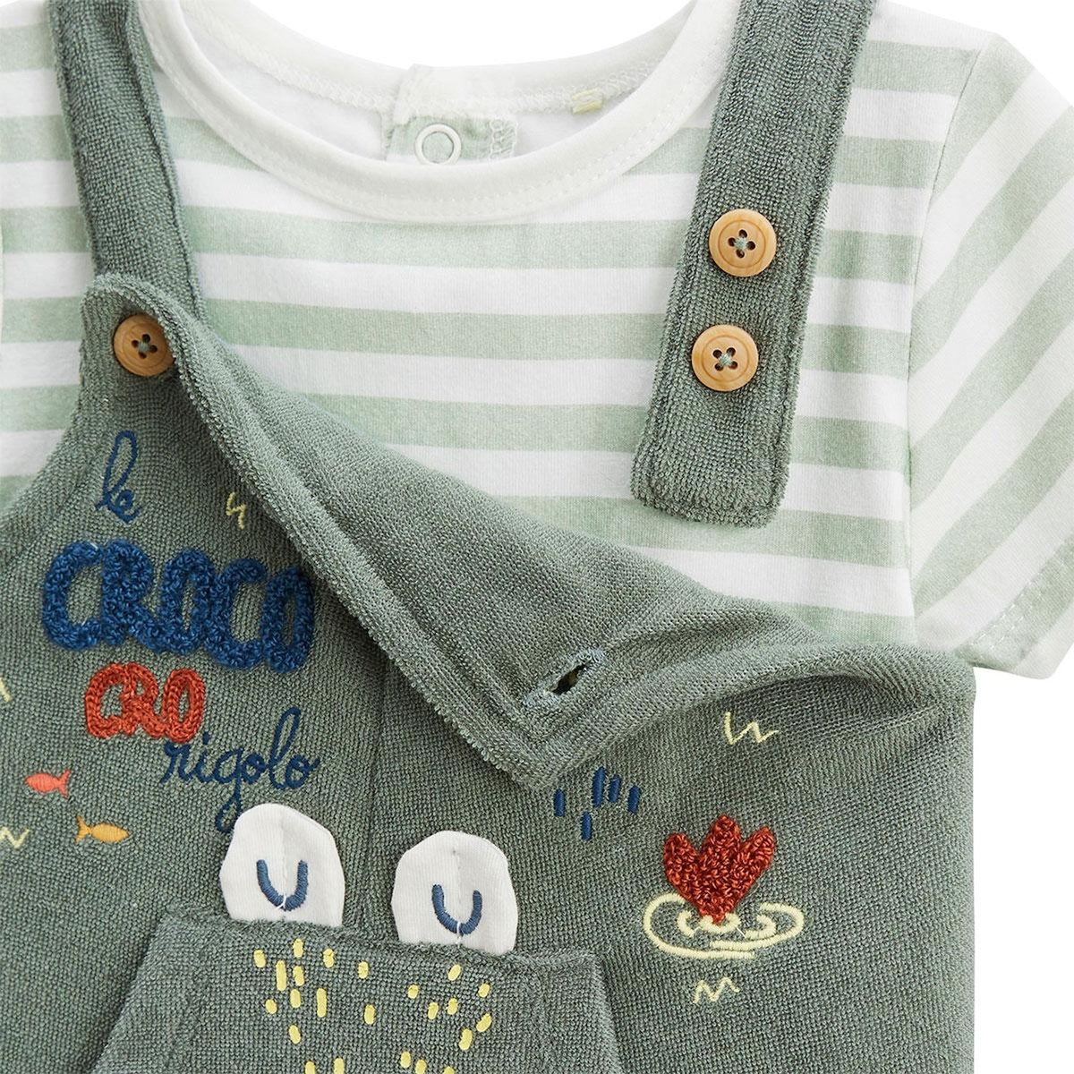 Petit Béguin Ensemble salopette bébé en éponge et t-shirt Crocro rigolo