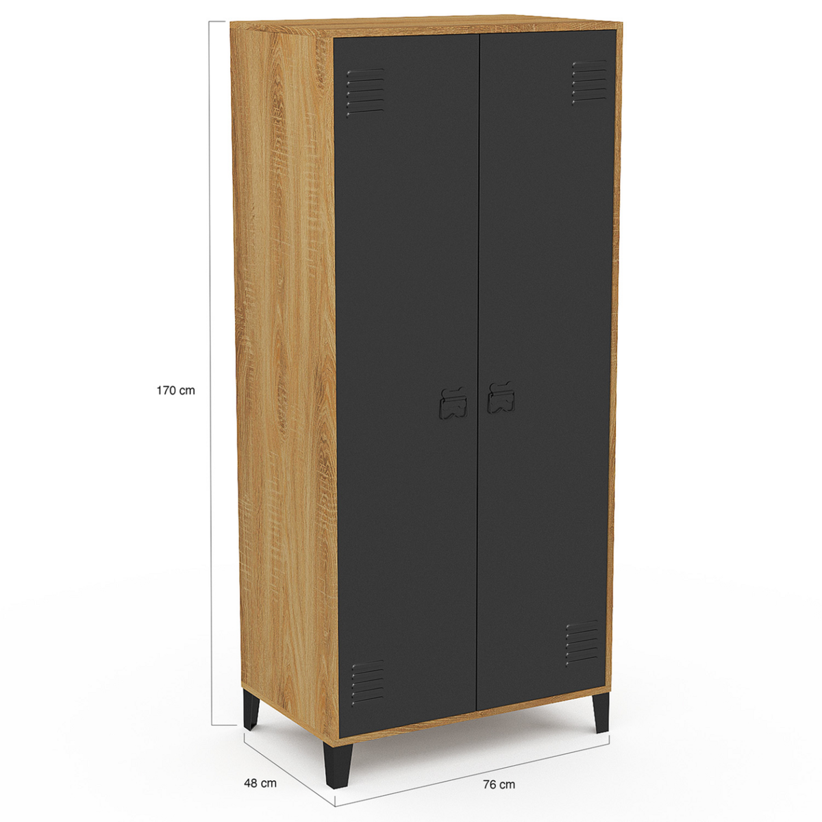 ID MARKET Armoire vestiaire penderie ESTER 2 portes métal noir et contour bois design industriel