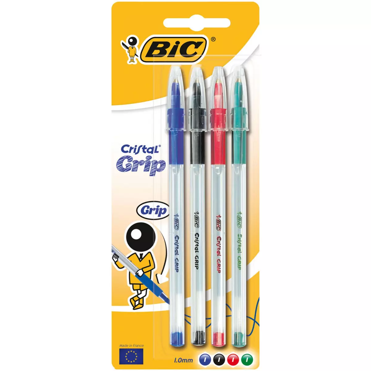 BIC Lot de 4 stylos bille pointe moyenne bleu/noir/rouge/vert CRISTAL GRIP
