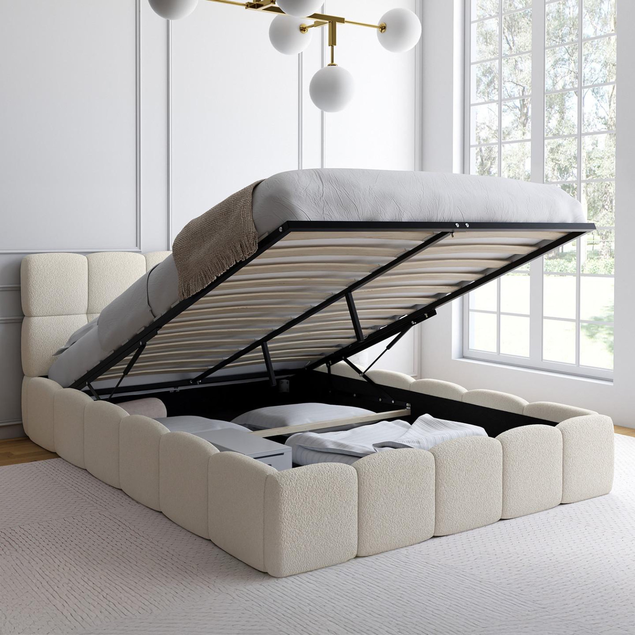 Voir la diapositive 2 : ID MARKET Lit coffre double nuage avec tête de lit matelassée et sommier 140 x 190 cm tissu bouclette blanc