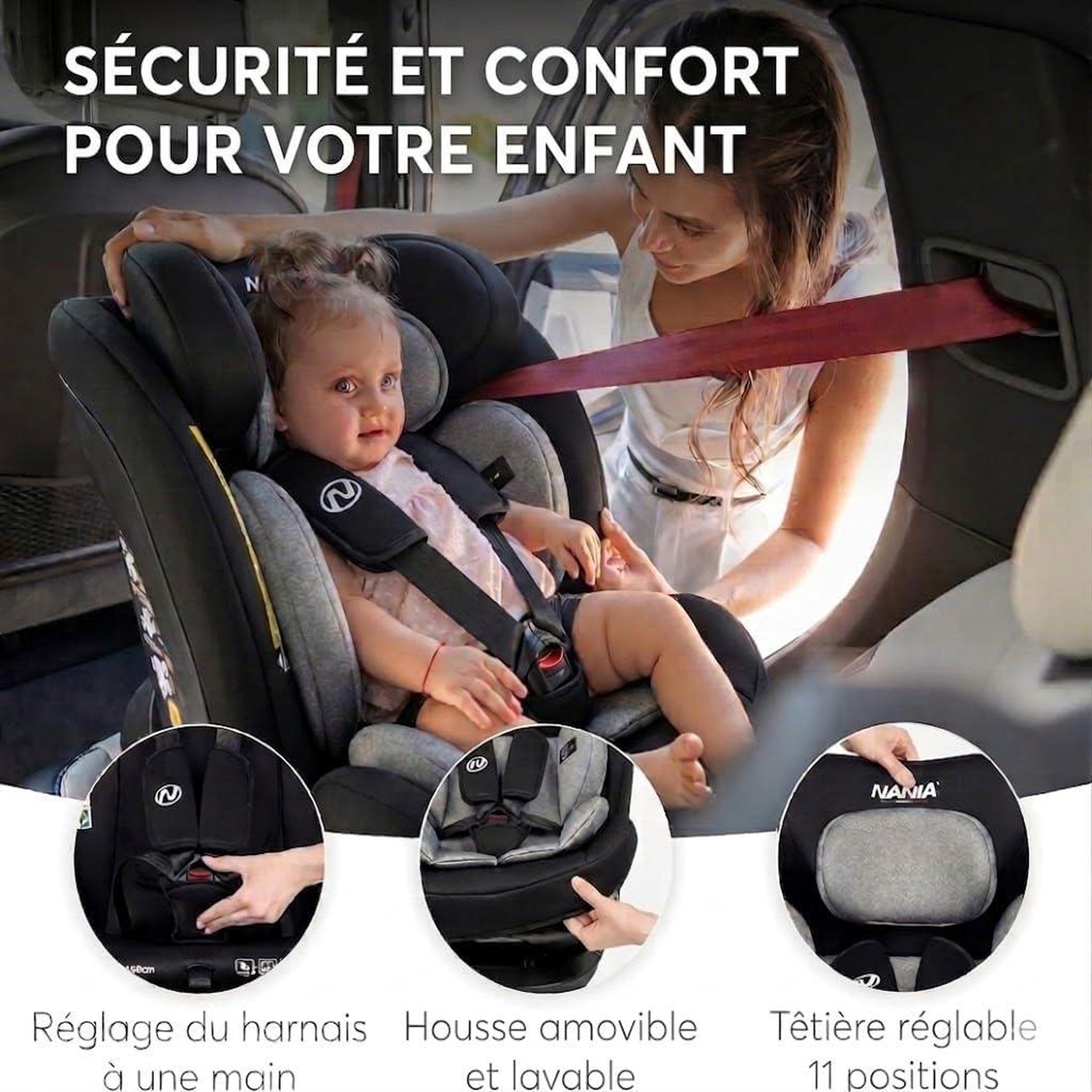 Voir la diapositive 4 : NANIA Nania Siège auto enfant Prato - I-Size 40-150 cm - Evolutif naissance jusqu'à 12 ans environ - Fixations ceinture de sécurité- Réglage de l'Appui-tête et de l'Inclinaison, Insert Lombaire et Réducteur