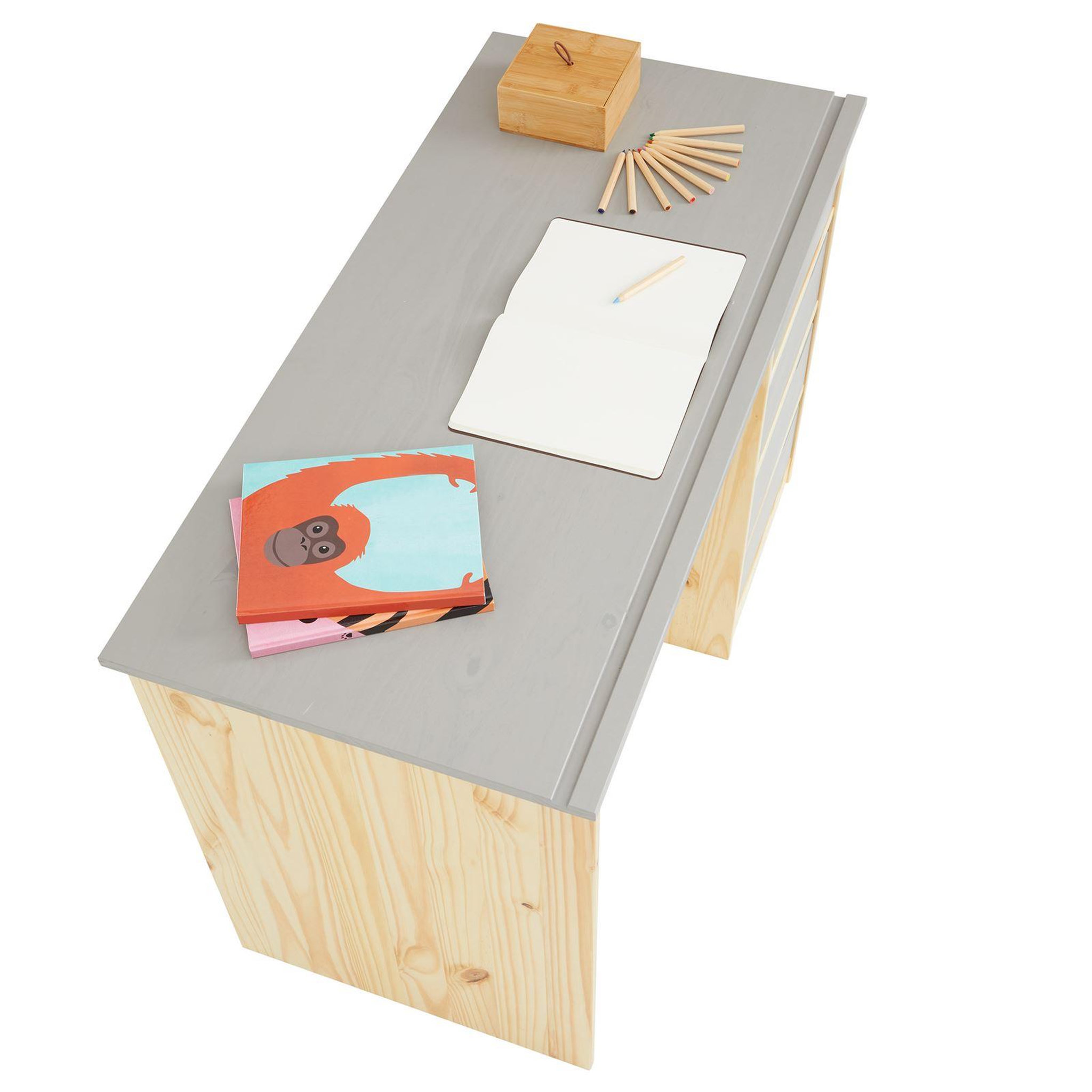 Voir la diapositive 6 : IDIMEX Bureau enfant EMMA, en pin massif, 4 tiroirs et plateau inclinable