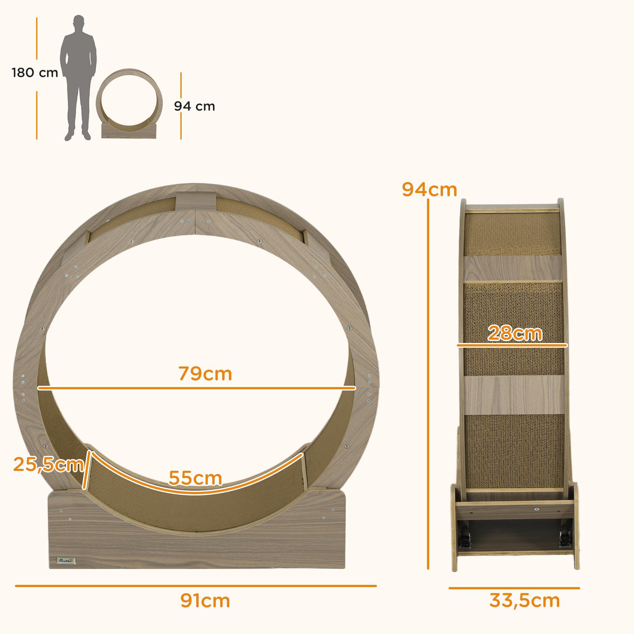 Voir la diapositive 3 : PAWHUT Roue d'exercice pour chat - frein, grattoirs - dim. 91l x 33,5p x 94h cm - aspect bois brun
