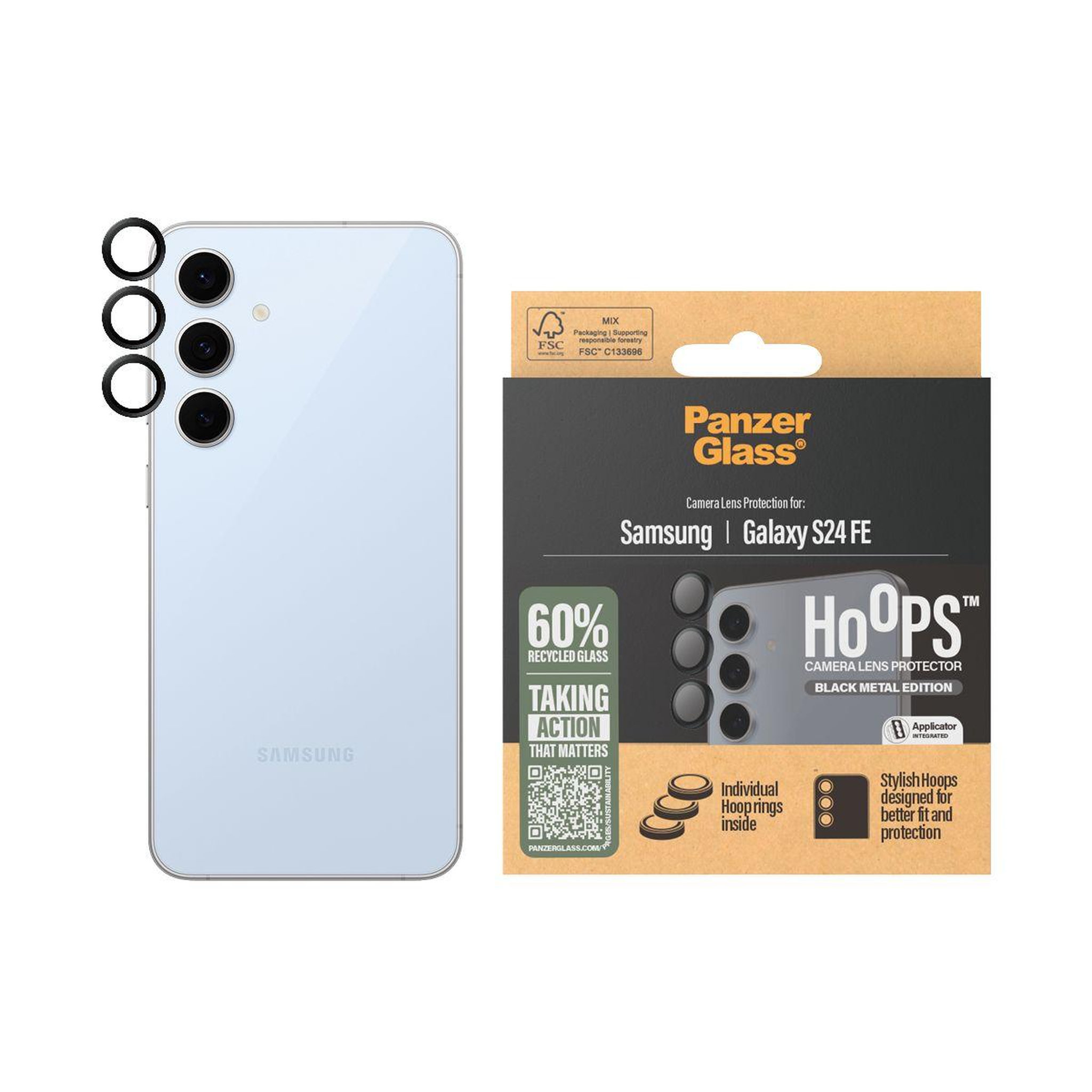 Voir la diapositive 2 : PANZERGLASS Protège écran Galaxy S24FE protège objectif Hoops