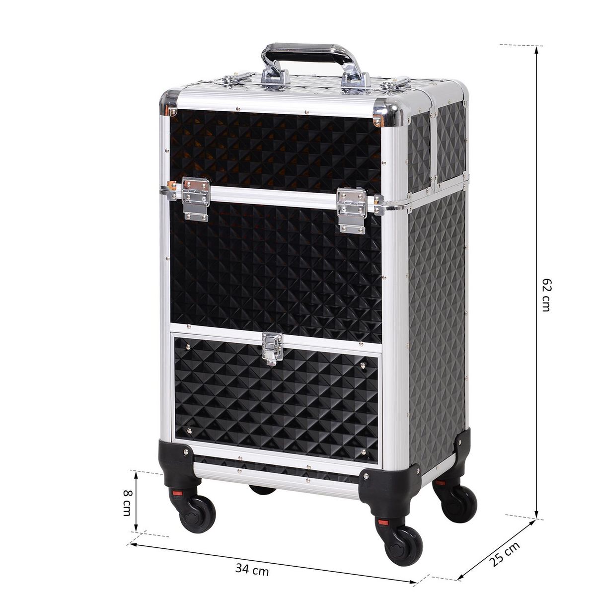 HOMCOM Valise trolley maquillage mallette cosmétique vanity poignée télescopique réglable 34L x 25l x 62H cm alu.