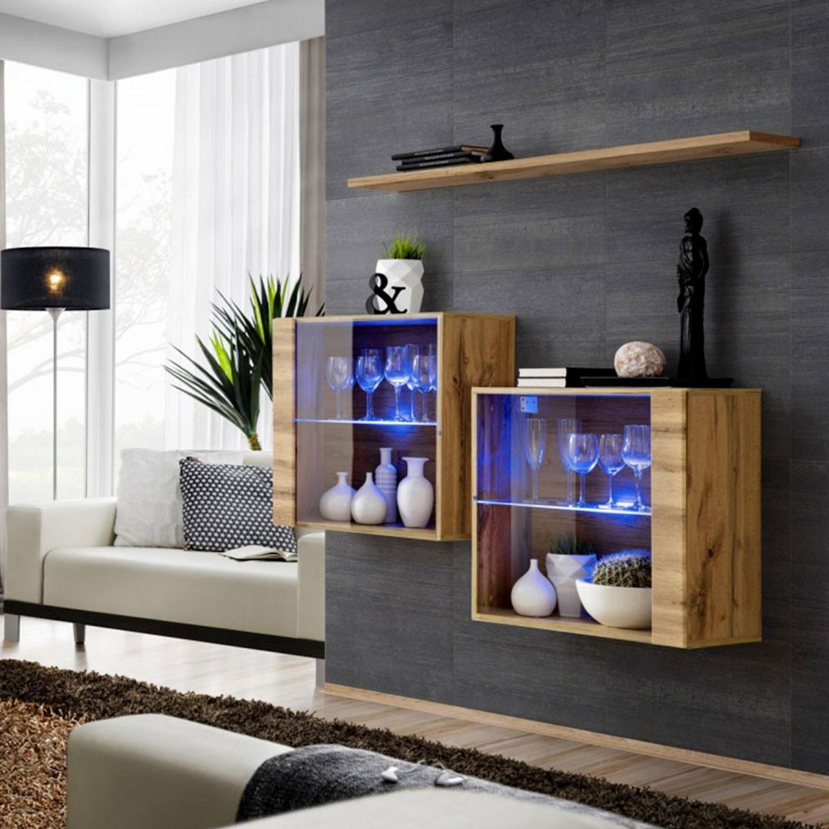 Paris Prix Lot de 2 Vitrines Murales & Étagère  Switch SBIII  130cm Naturel