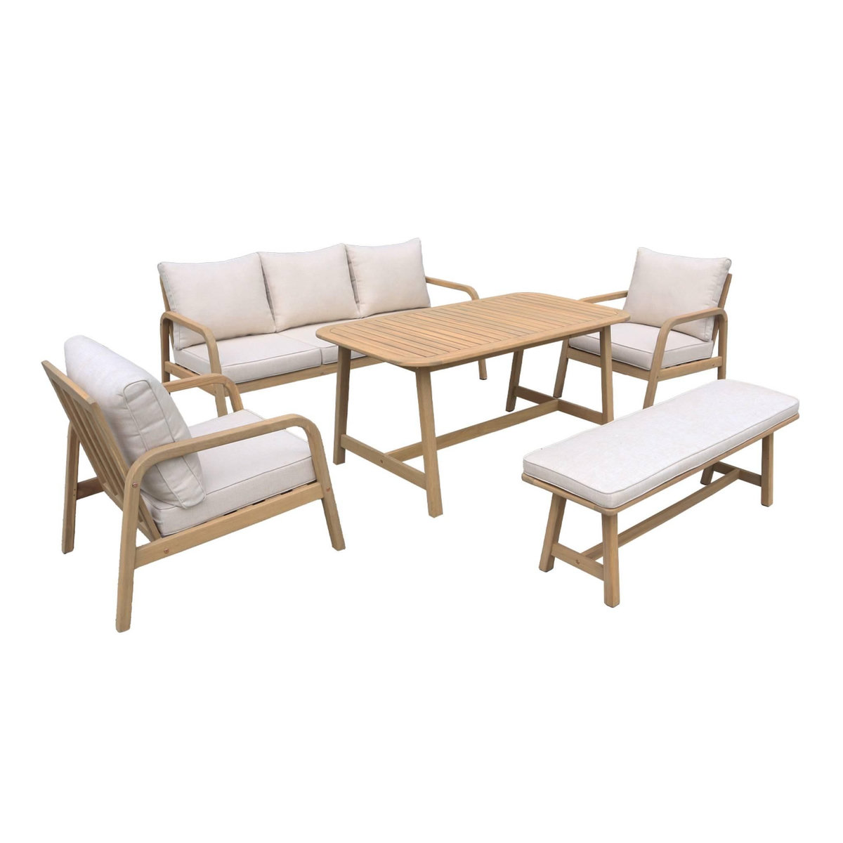 SWEEEK Salon de jardin 7 places CARNOTA DINING en bois d'acacia. table rectangulaire. coussins beige