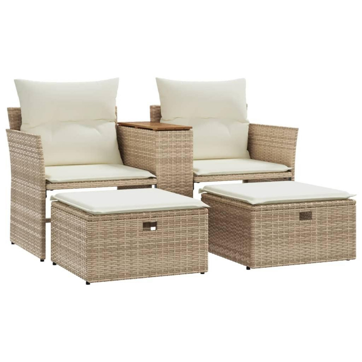 VIDAXL Canape de jardin 2 places avec tabourets beige resine tressee