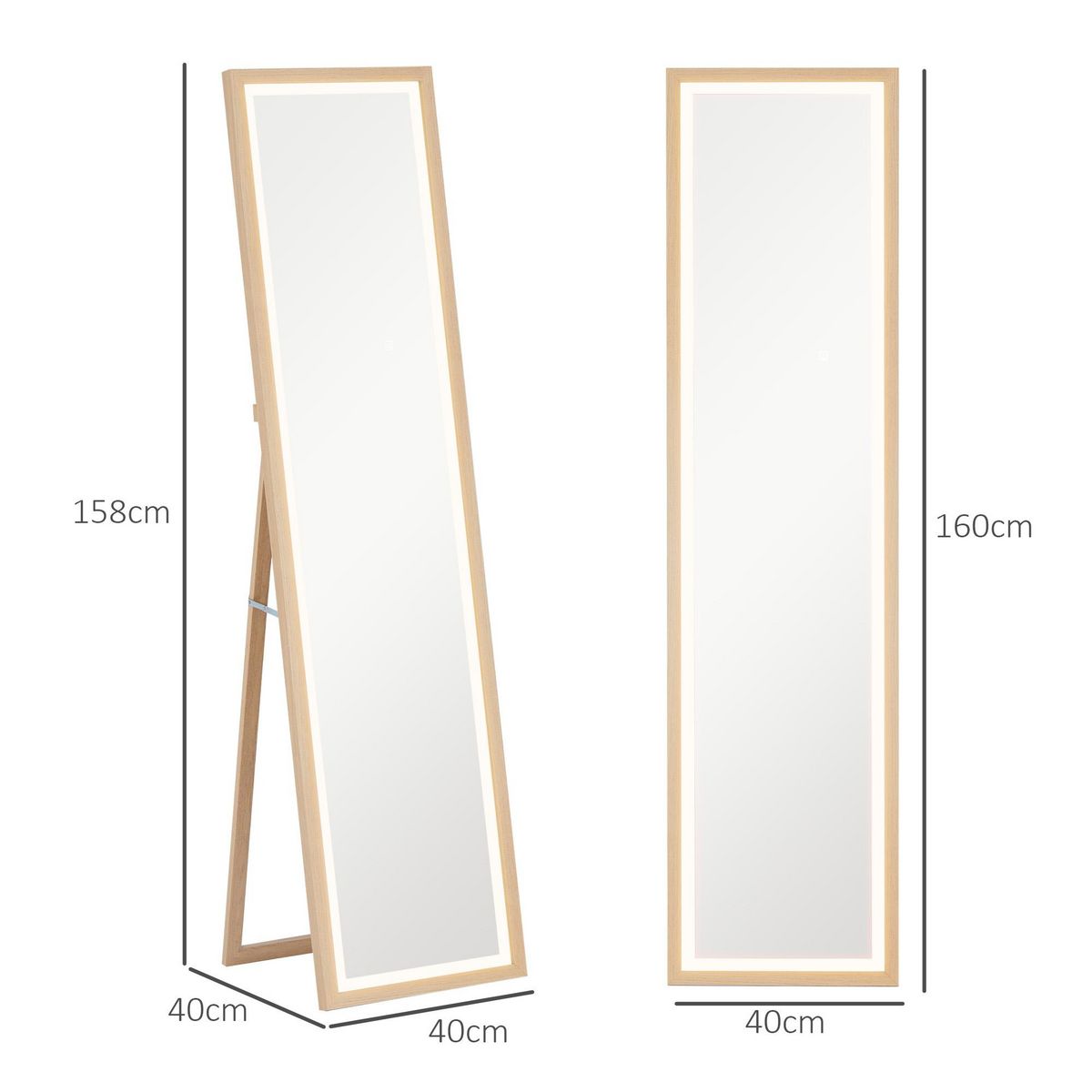 HOMCOM Grand miroir LED pleine longueur 40 x 160 cm autoportant ou à fixer - 3 couleurs luminosité réglable - effet bois
