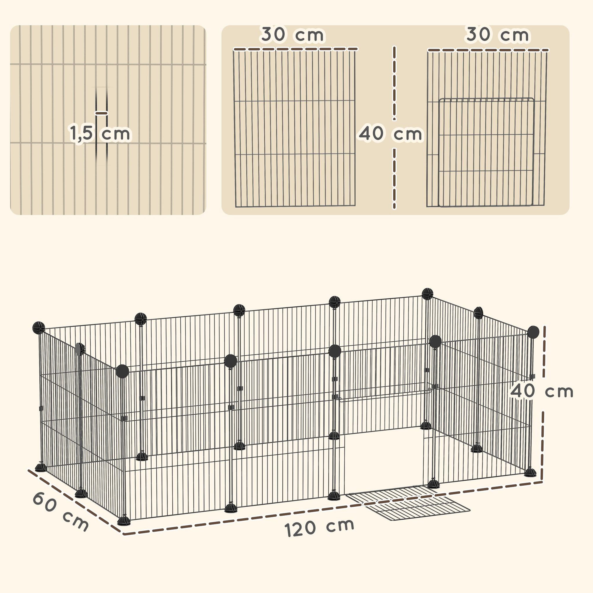 Voir la diapositive 3 : PAWHUT Enclos cage rongeur 12 panneaux modulables acier - tapis étanche - 120x60x40cm - noir