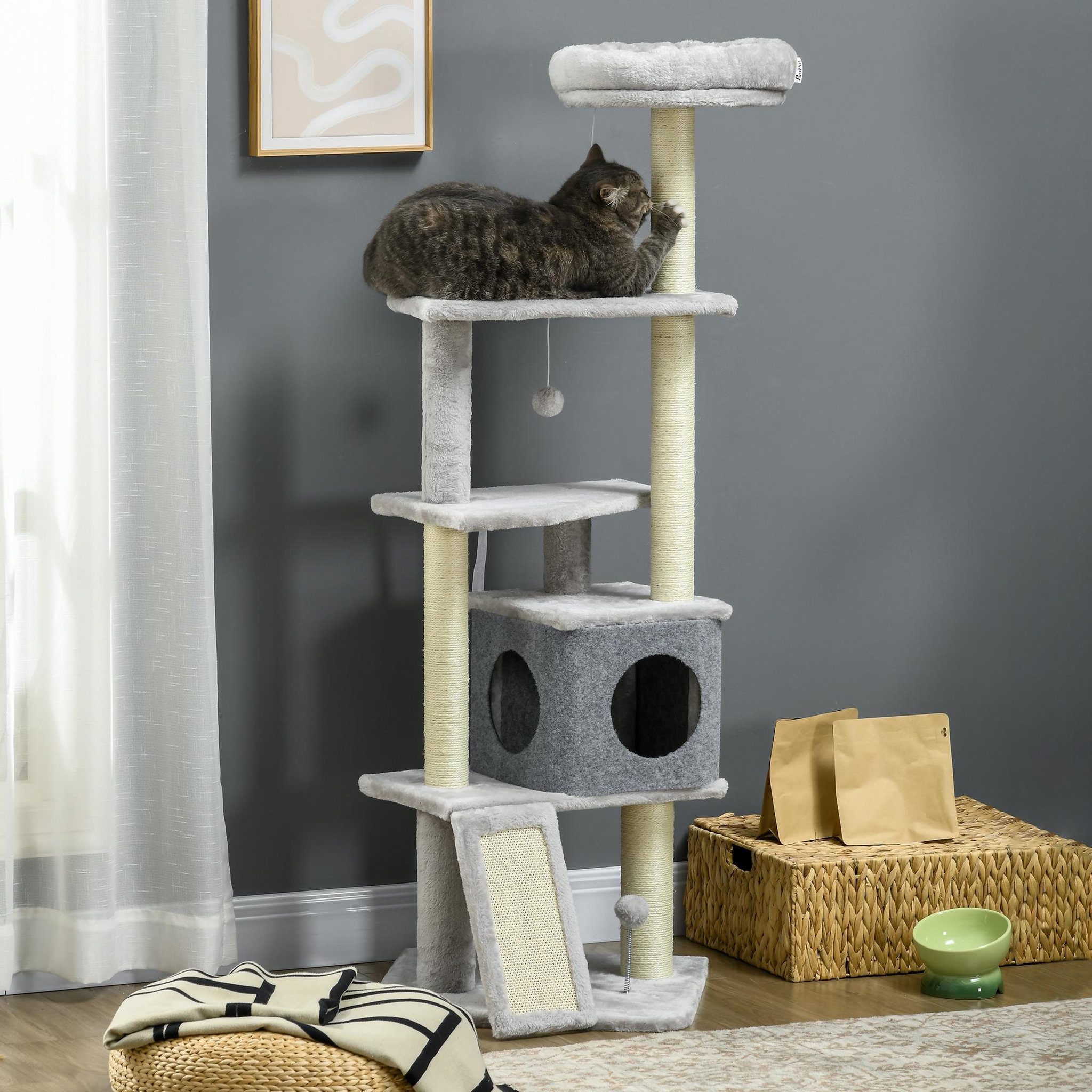 Voir la diapositive 2 : PAWHUT Arbre à chat multi-équipement griffoirs grattoirs plateformes niche panier jeu boules gris