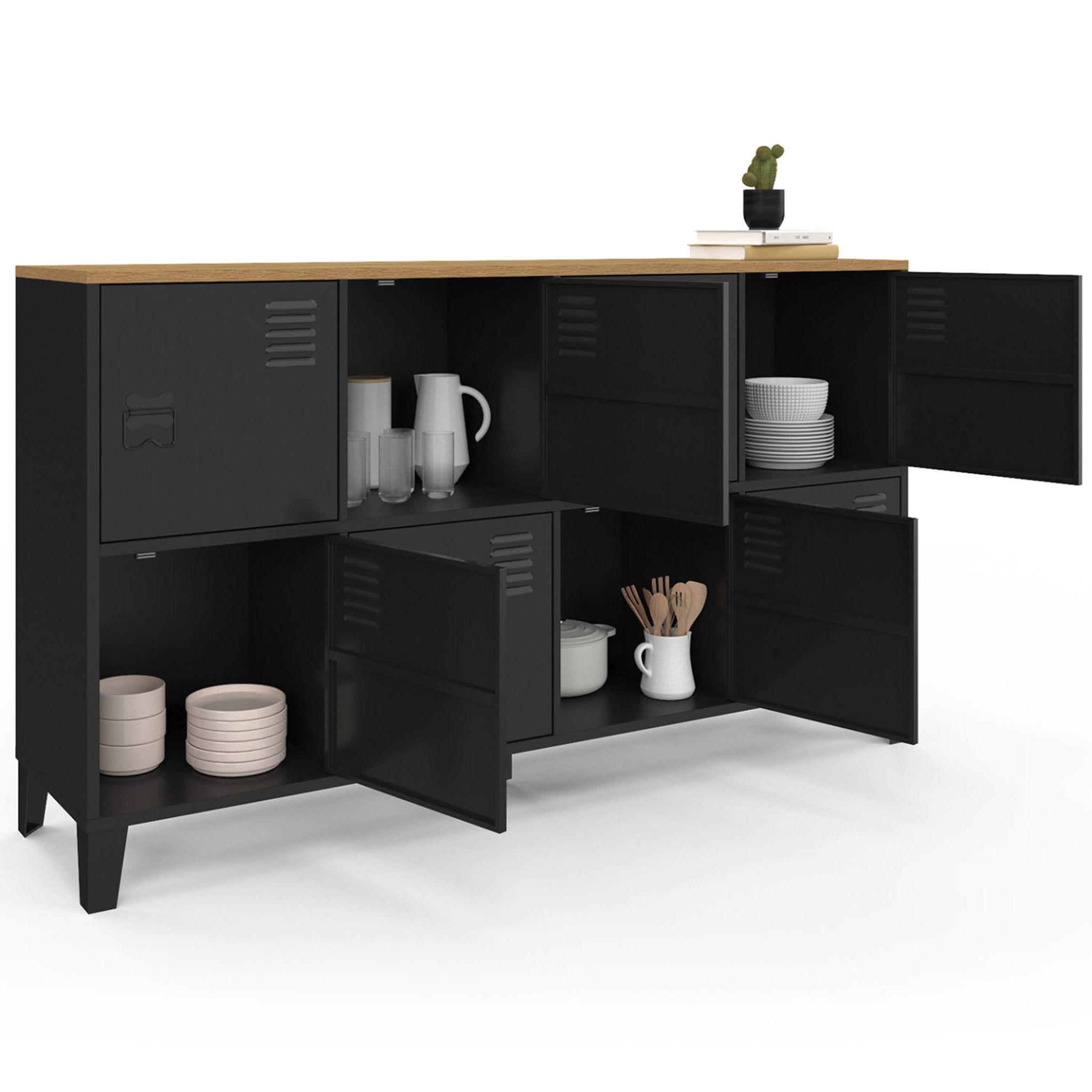 Voir la diapositive 4 : ID MARKET Buffet casier 139 cm ester 8 portes en métal noir plateau bois design industriel