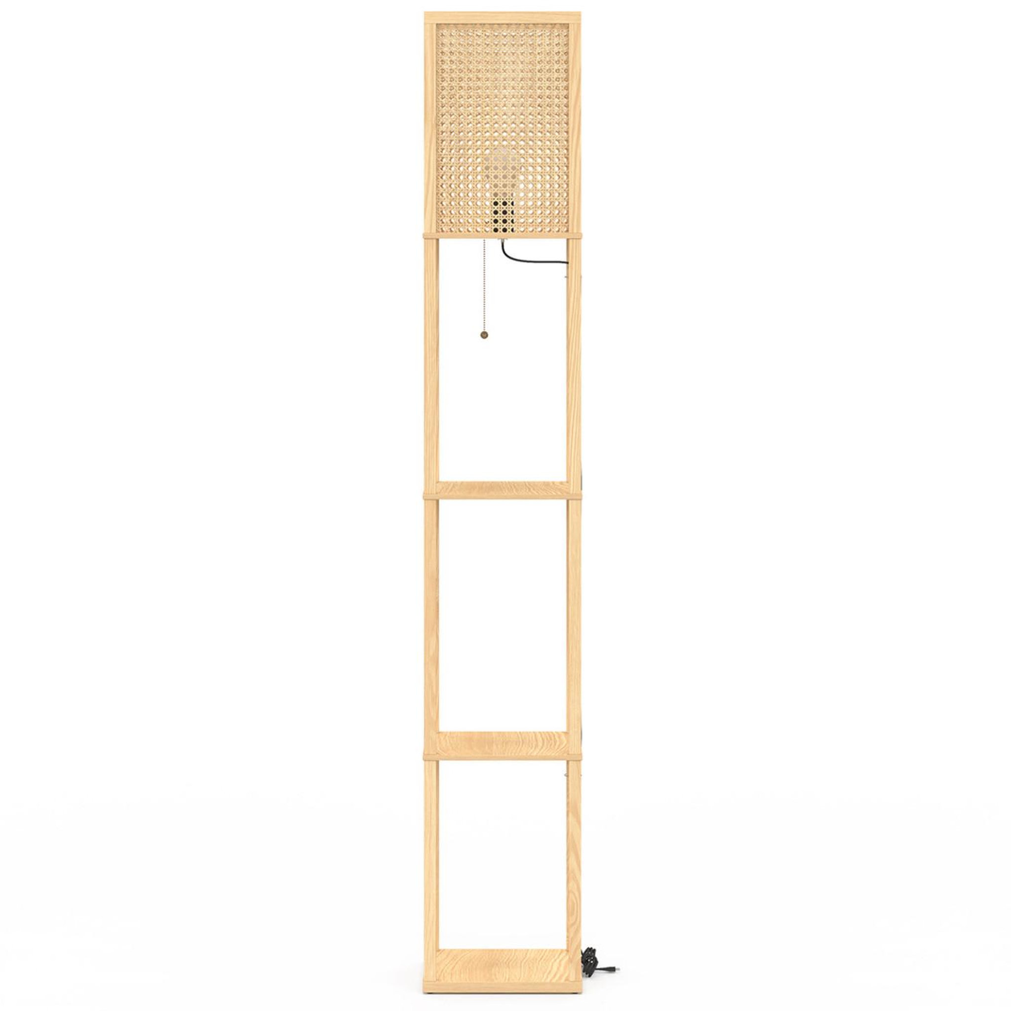 Voir la diapositive 3 : ID MARKET Lampadaire naturel en bois clair avec étagères et abat-jour carré effet cannage