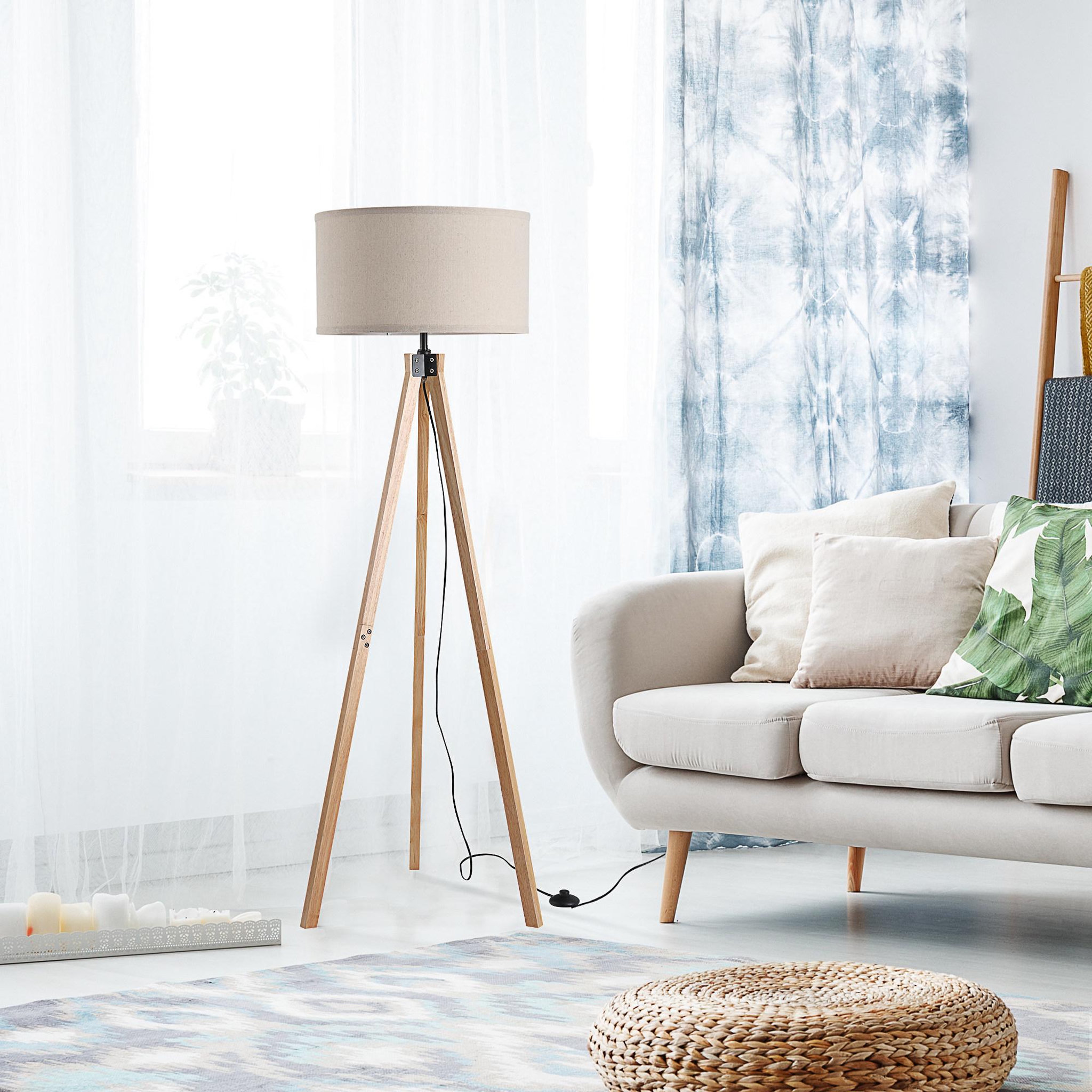 Voir la diapositive 2 : HOMCOM Lampadaire trépied style scandinave 40 w max. Dim. 45l x 45l x 152h cm bois de pin lin beige