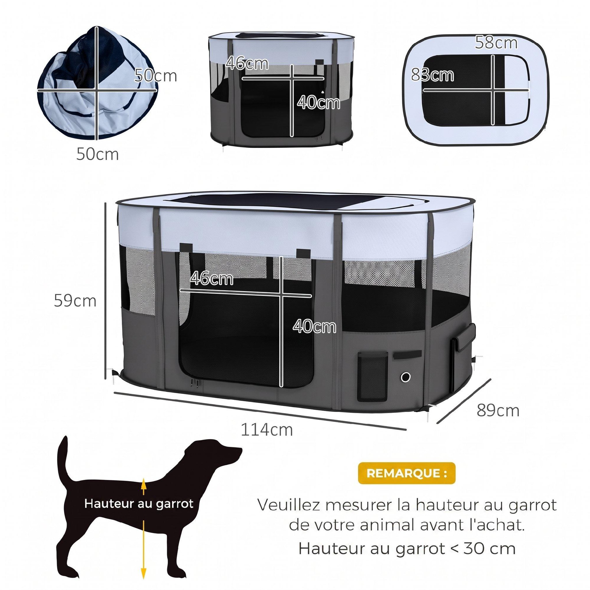 Voir la diapositive 3 : PAWHUT Parc pliable pour chien en tissu Oxford - fenêtres, portes en maille - sac de rangement - gris