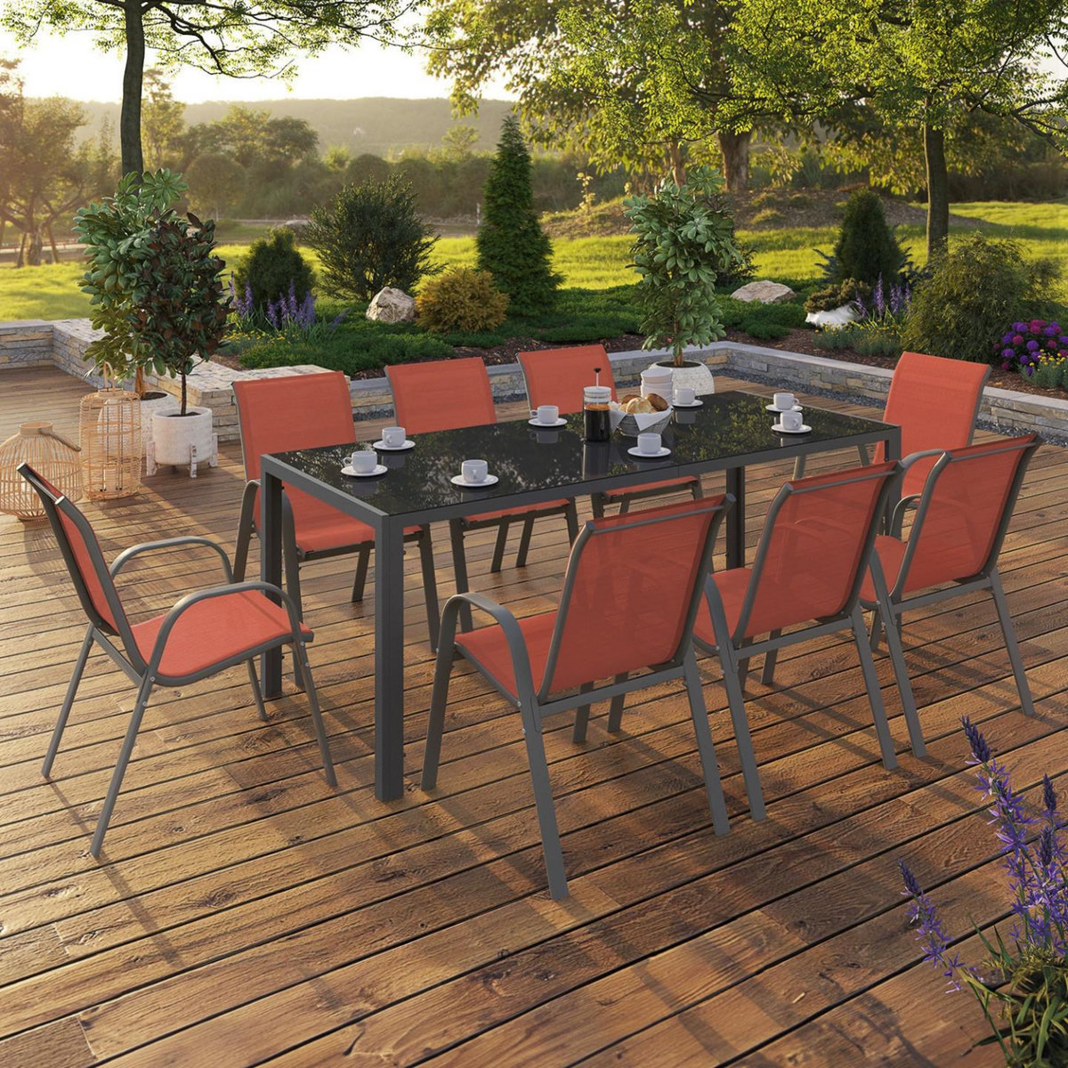ID MARKET Salon de jardin MADRID table 190 CM et 8 chaises empilables terracotta