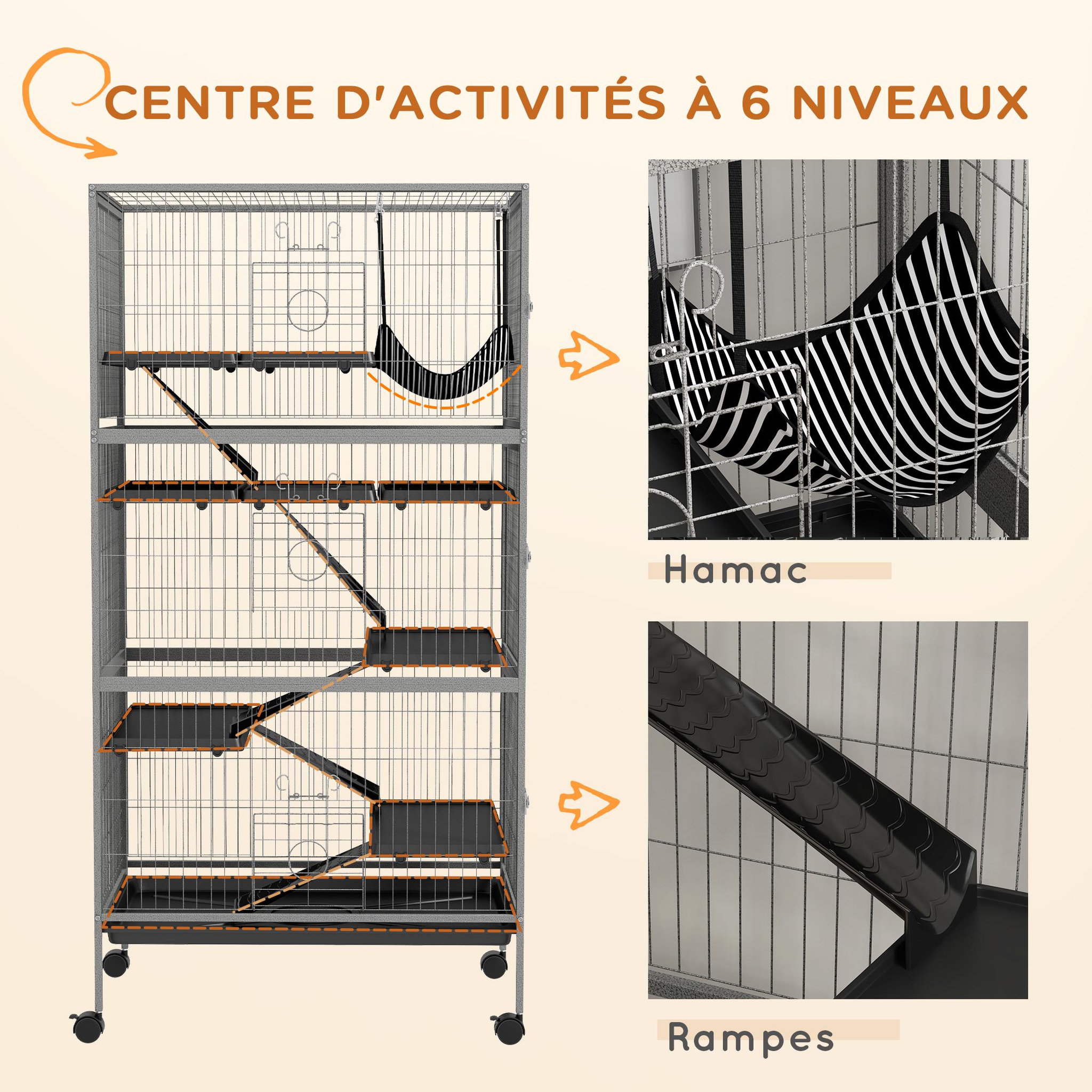 Voir la diapositive 6 : PAWHUT Cage rongeurs 4 plateformes 3 rampes 4 portes dim. 80L x 52l x 159H cm acier gris moucheté noir