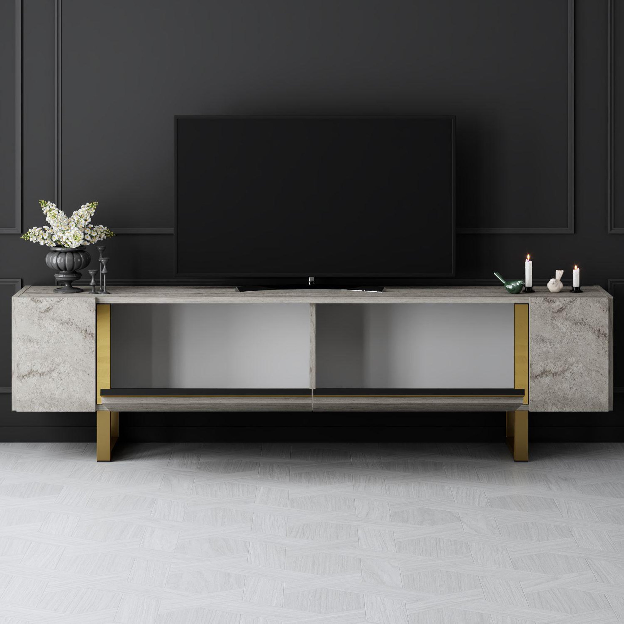 Voir la diapositive 4 : Habitat et Jardin Meuble tv en bois  yildiz  - 180 x 30 x 50 cm - travertinor