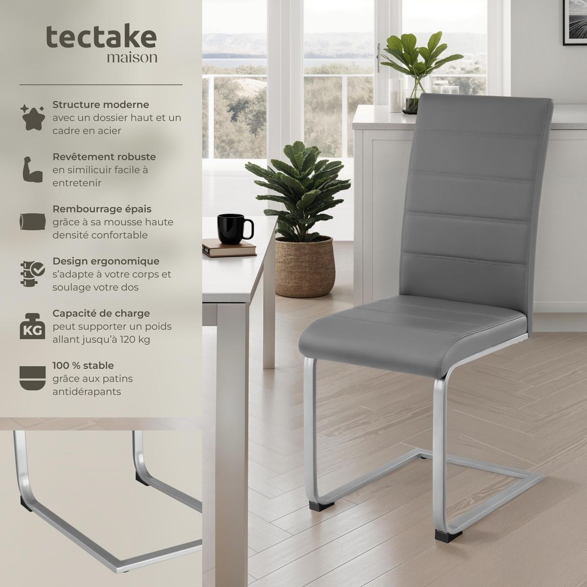 tectake Ensemble de chaises de salle à manger rembourré avec revêtement aspect cuir gris Lot de 2