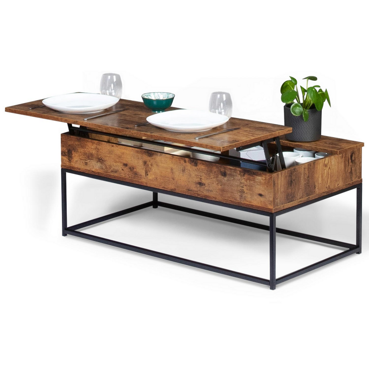 ID MARKET Table basse plateau relevable rectangulaire DAYTON effet vieilli design industriel