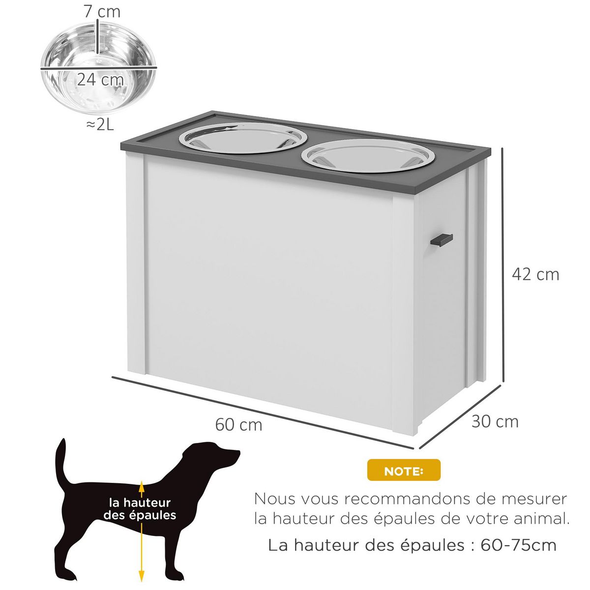PAWHUT Gamelle double chien - porte-gamelles surélevé rangement 2 en 1 - tiroir, 2 gamelles - acier inox. MDF gris blanc