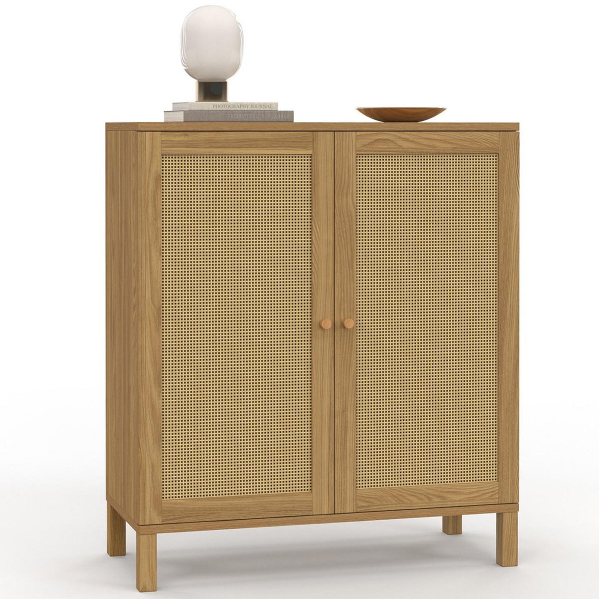 ID MARKET Buffet d'appoint vintage 2 portes 70 cm HANAE effet naturel cannage