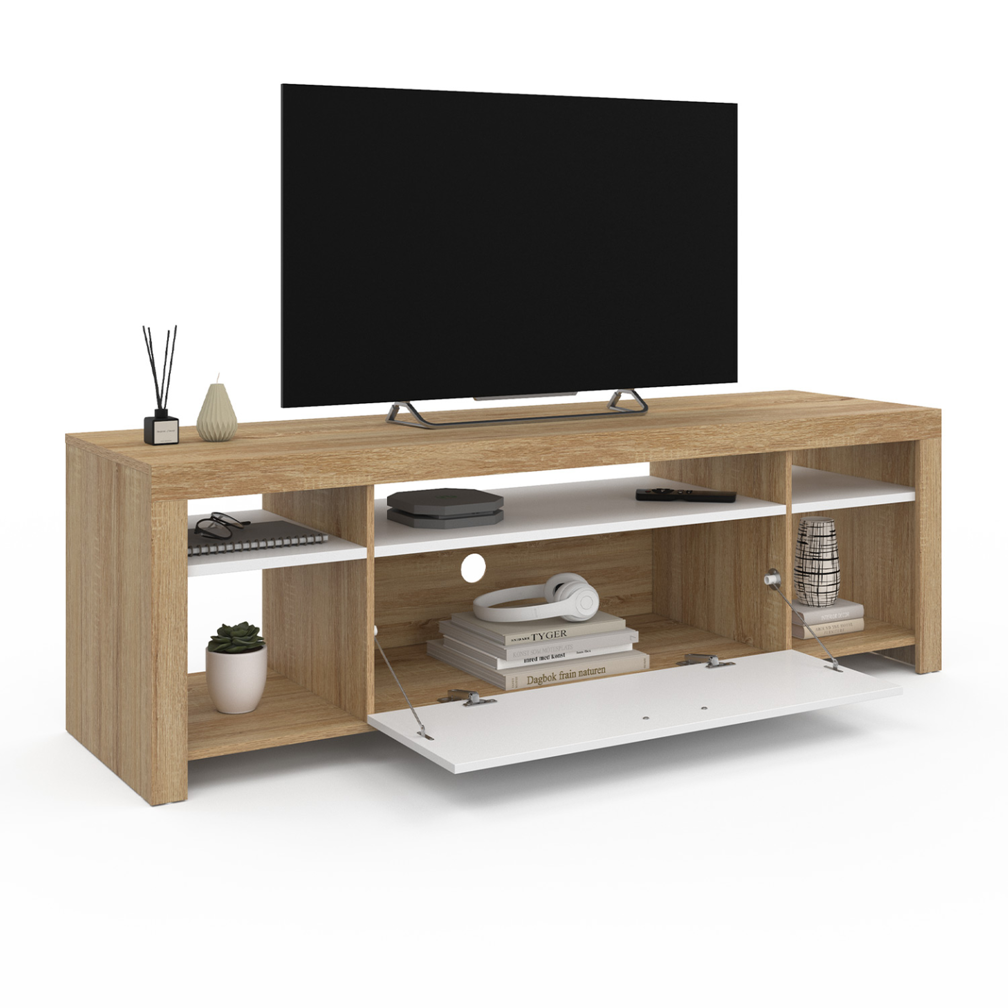 Voir la diapositive 4 : ID MARKET Meuble tv 140 cm malo bois et placard blanc