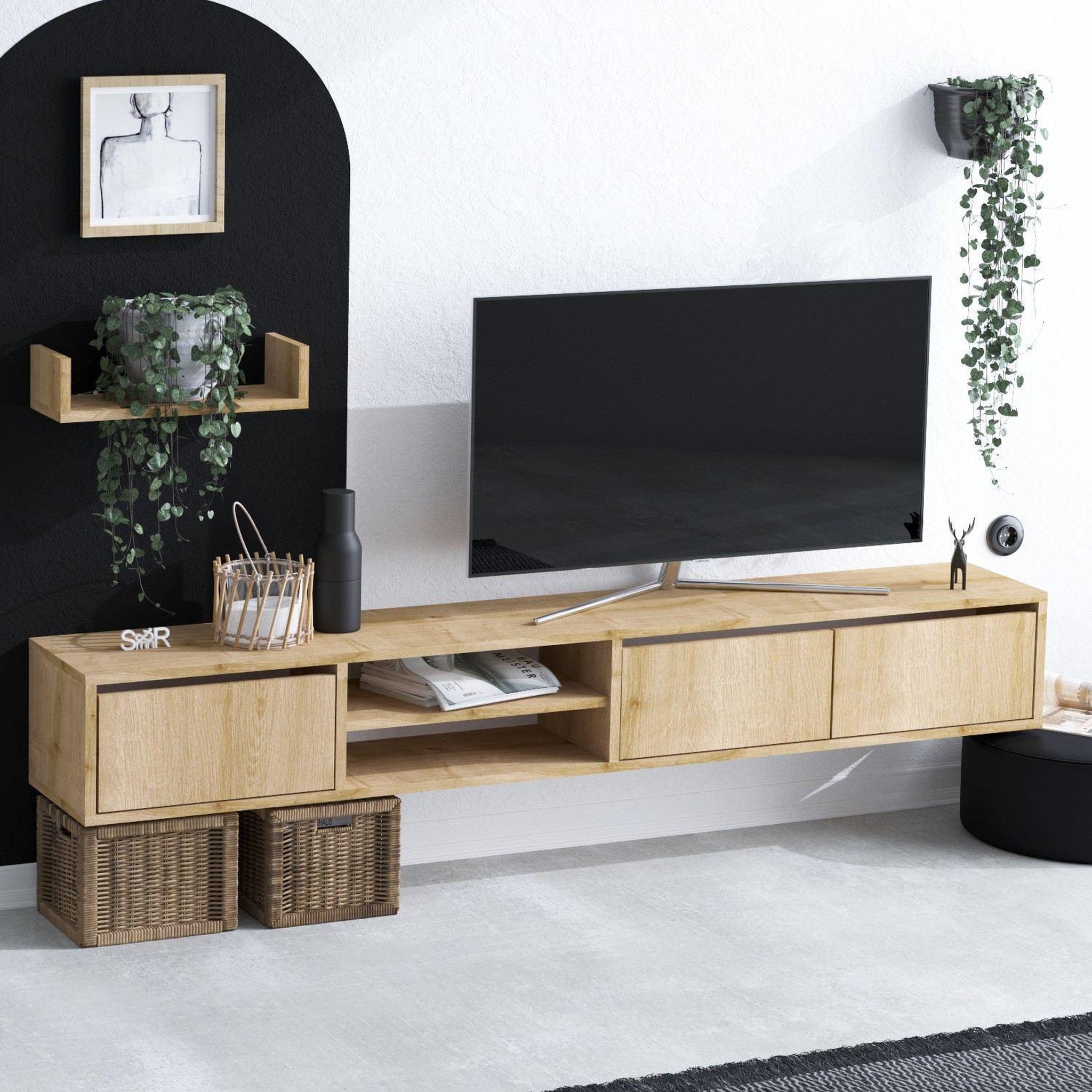 Voir la diapositive 2 : Habitat et Jardin Meuble tv suspendu avec étagère murale en bois  heka  - 180 x 30 x 25 cm - beige