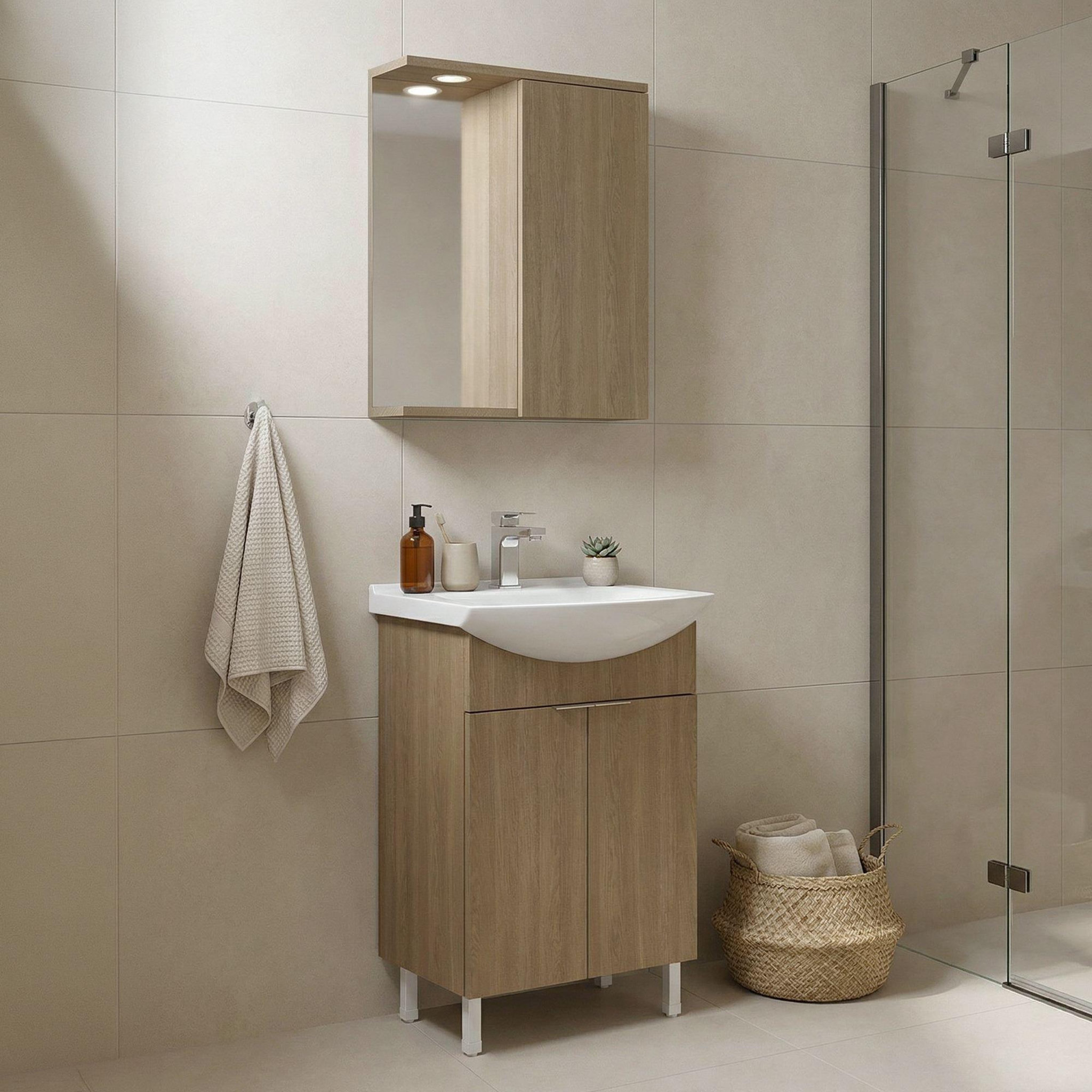 Voir la diapositive 2 : Habitat et Jardin Meuble avec simple vasque et miroir  Purus 55  - 55 x 50 x 83 cm - Oak