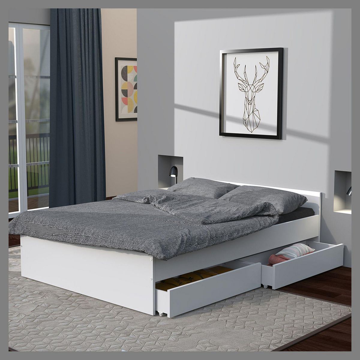 Lit avec rangements 140x190 cm, 2 tiroirs et tête de lit CAMA