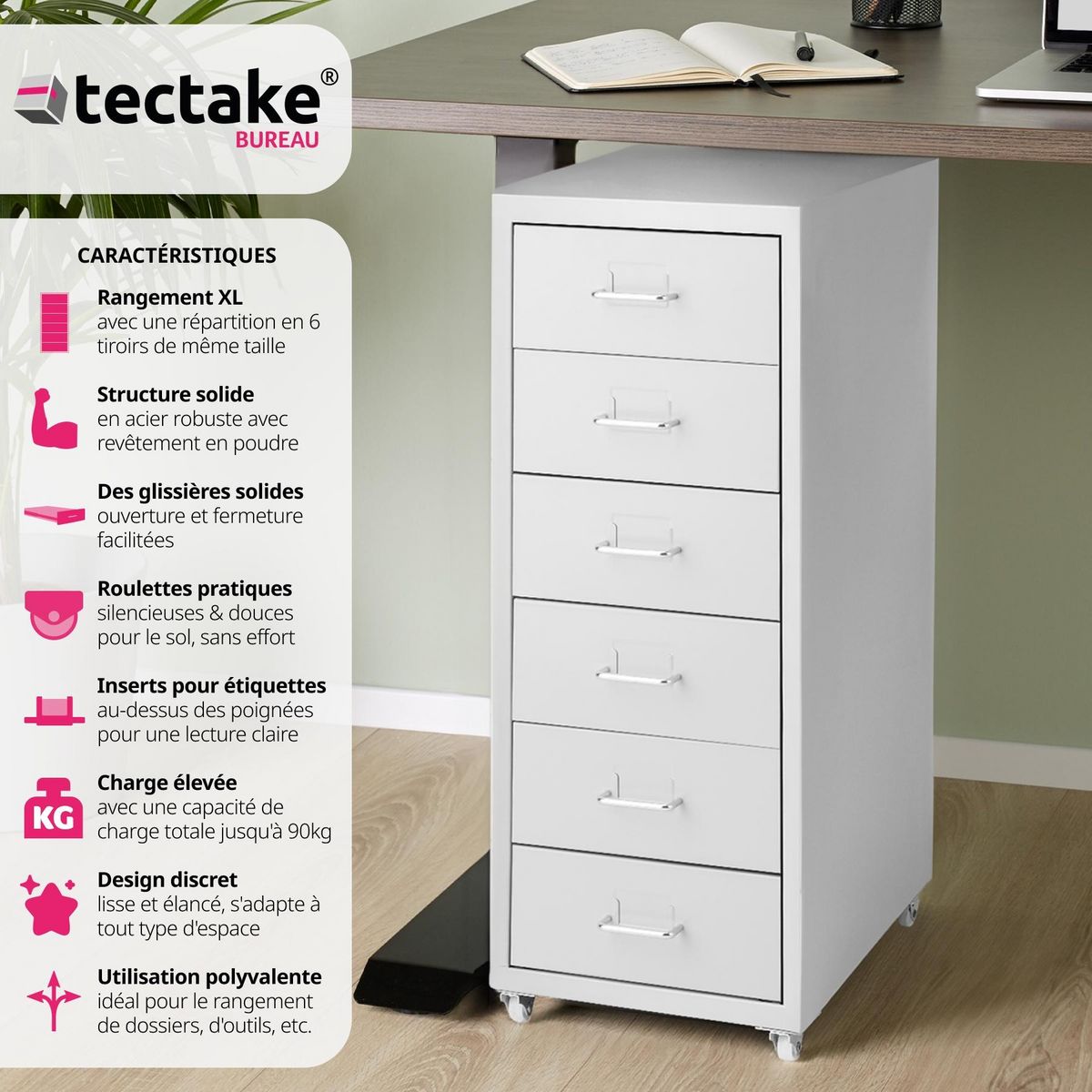 tectake Caisson de bureau à roulettes en métal en acier gris clair