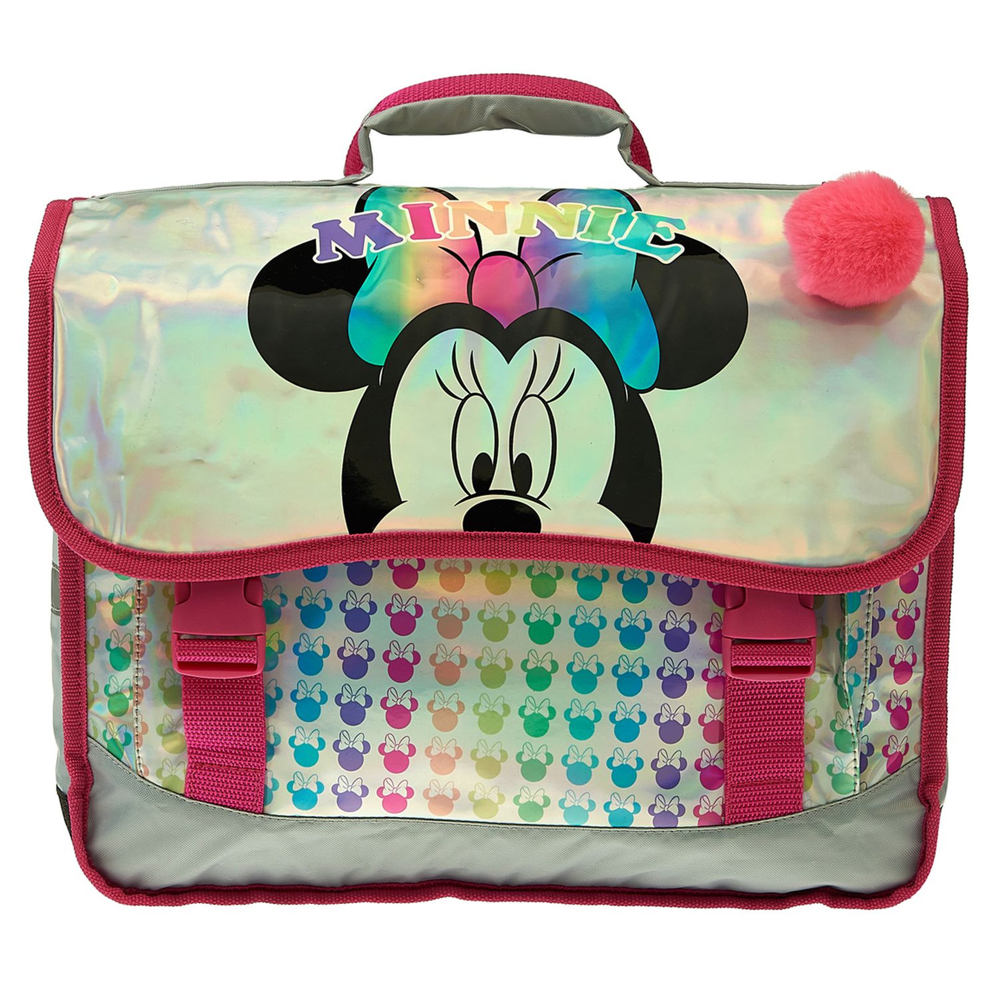 Voir la diapositive 2 : DISNEY Cartable 38 cm avec pompon polyester argent imprimé têtes MINNIE DISNEY