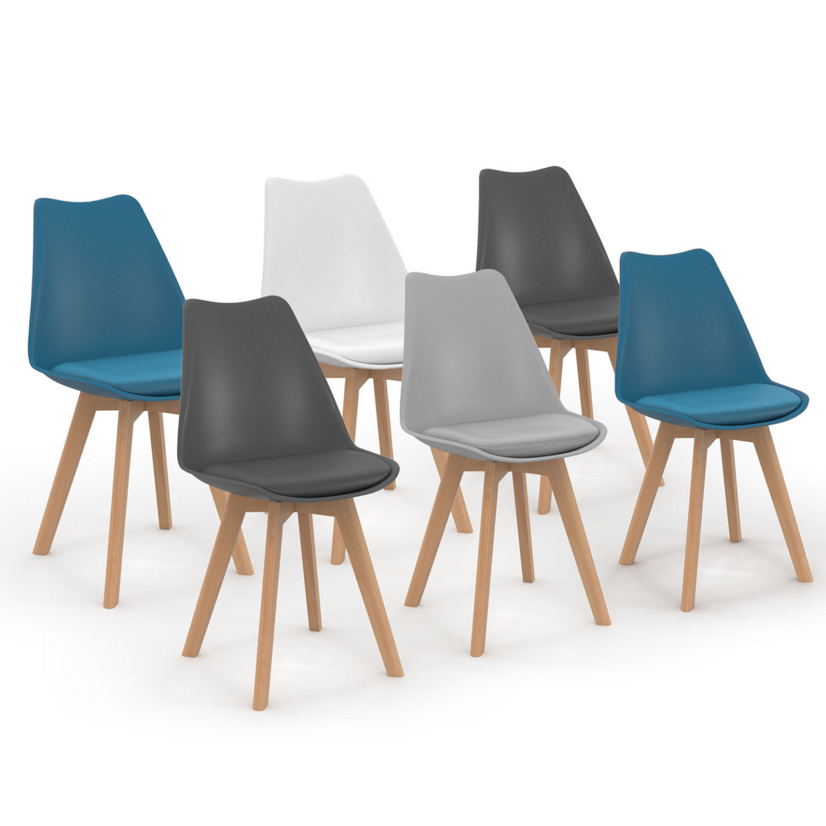 ID MARKET Lot de 6 chaises scandinaves SARA mix color blanc, gris clair, bleu canard x2, gris foncé x2