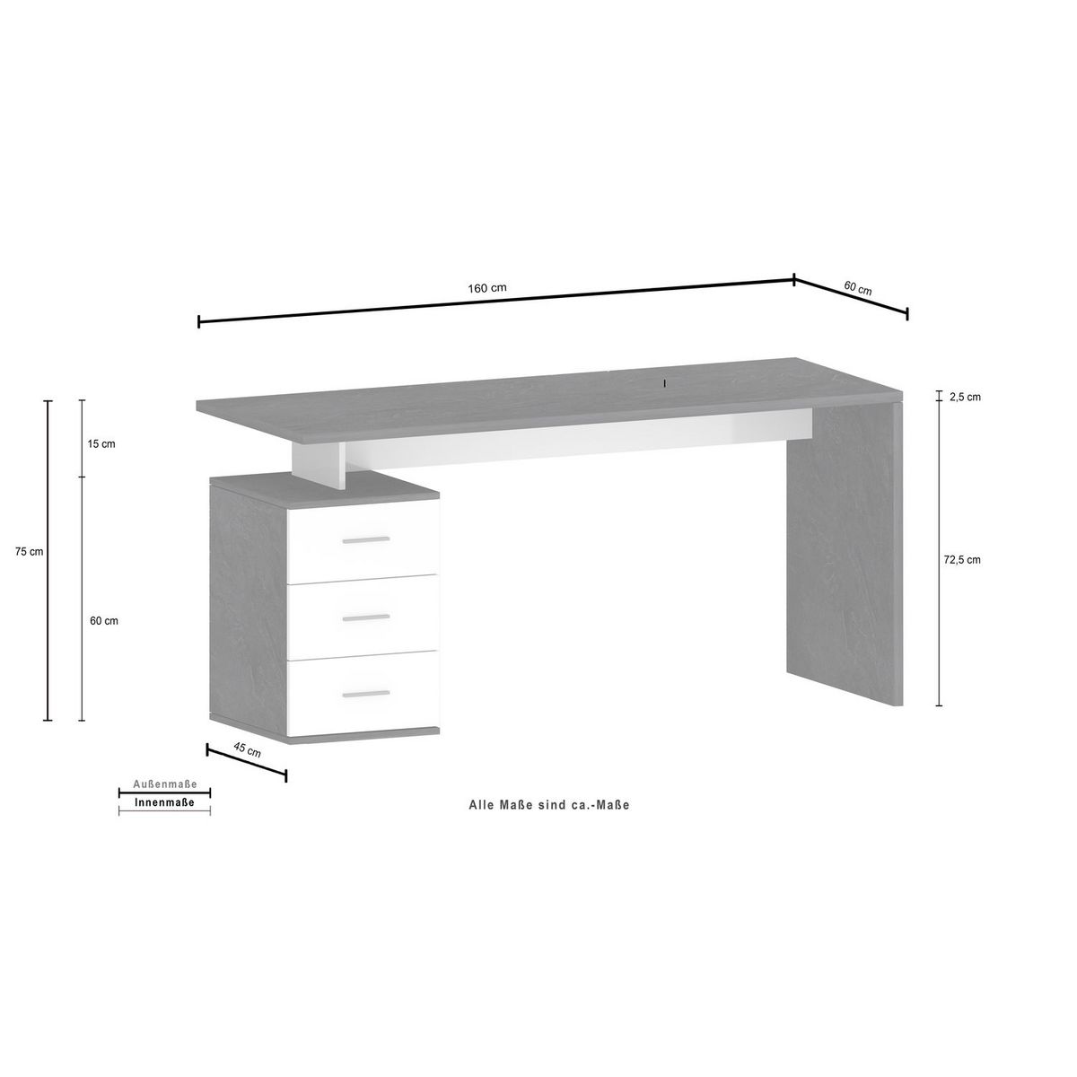 Bureau droit 3 tiroirs L160 cm VASTO