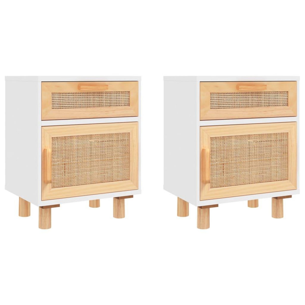 VIDAXL Tables de chevet 2pcs Blanc Bois de pin massif et rotin naturel