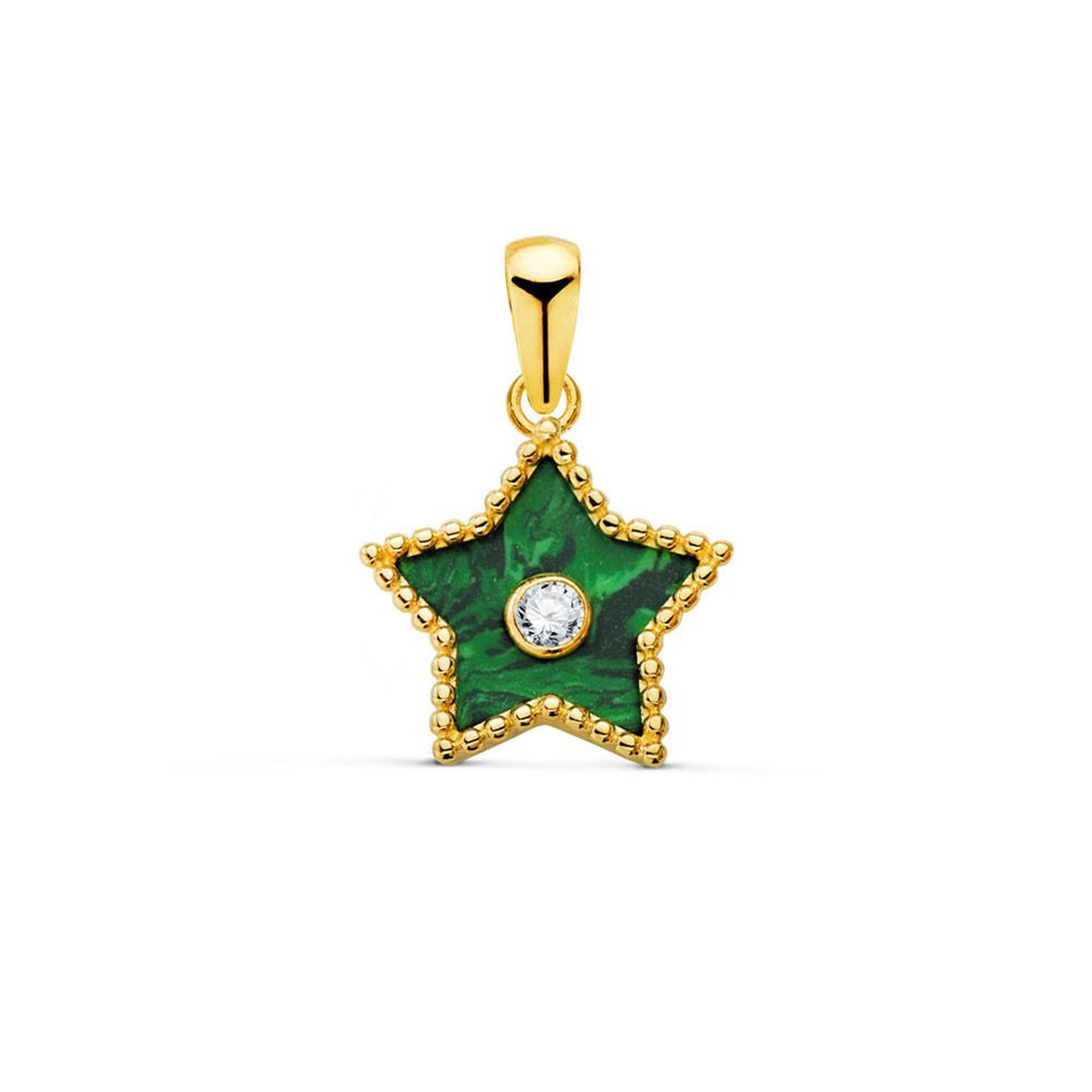 L'ATELIER D'AZUR Pendentif Etoile Or 18 Carats 750 Jaune - Malachite et Zirconium - Chaine Offerte