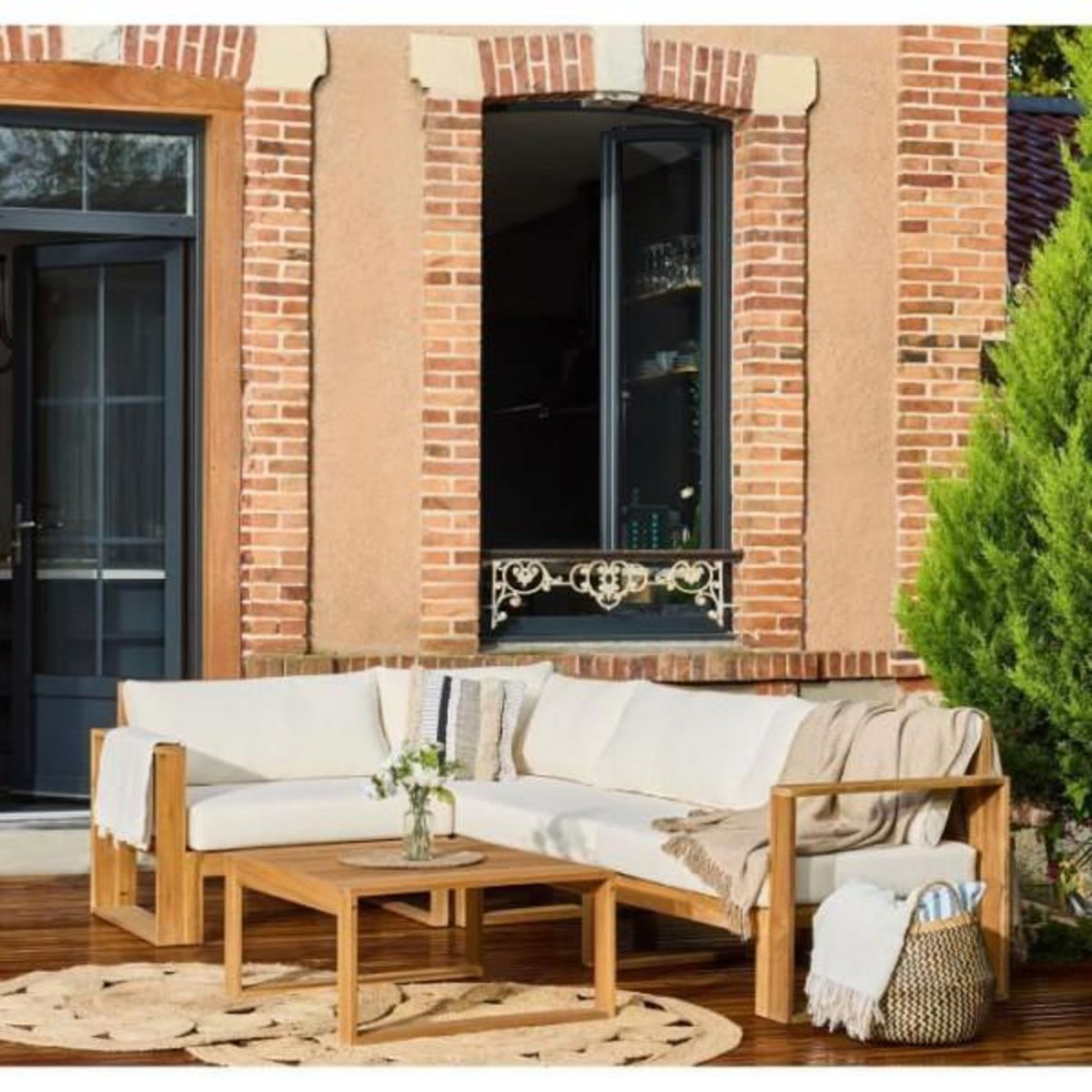 BOCARNEA Salon de jardin d'angle modulable - Bois d'acacia - 5 personnes - LEVATA - Beige