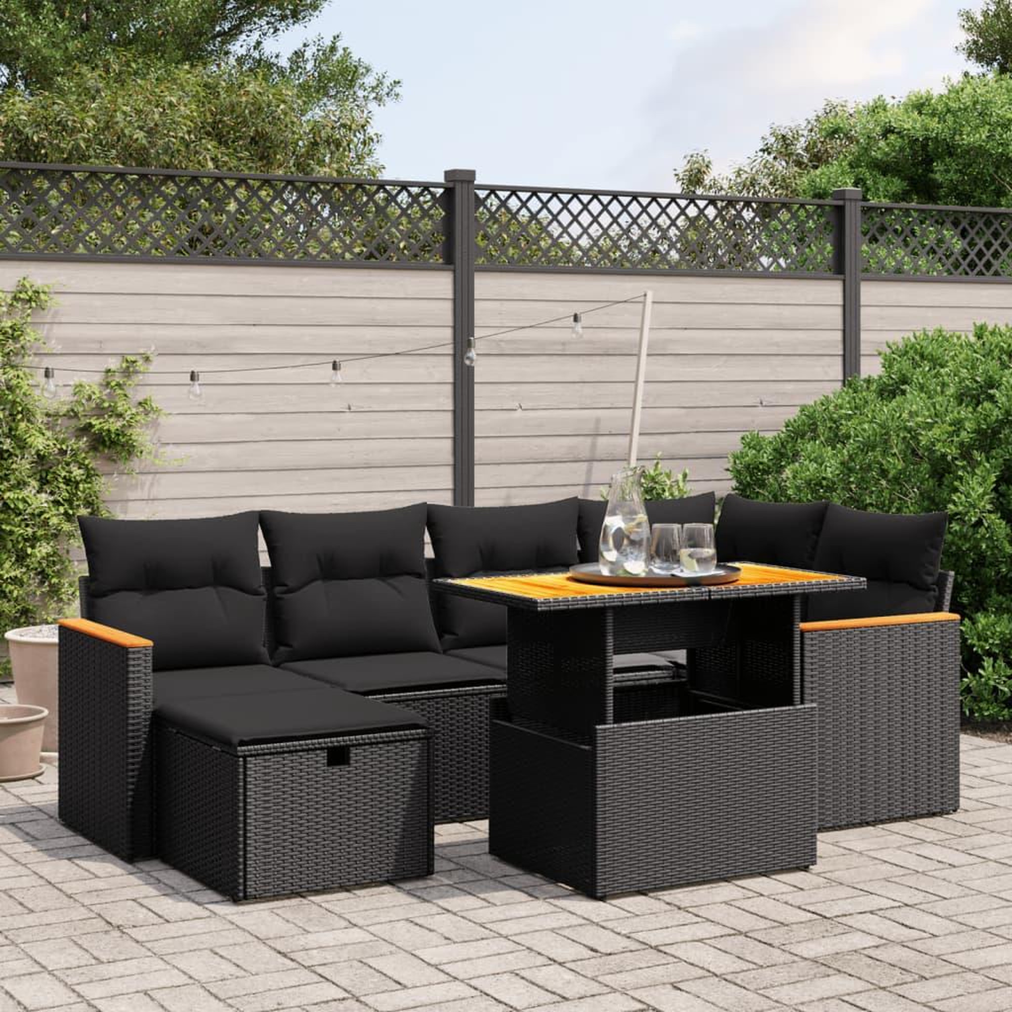 VIDAXL Salon de jardin 7 pcs avec coussins noir resine tressee
