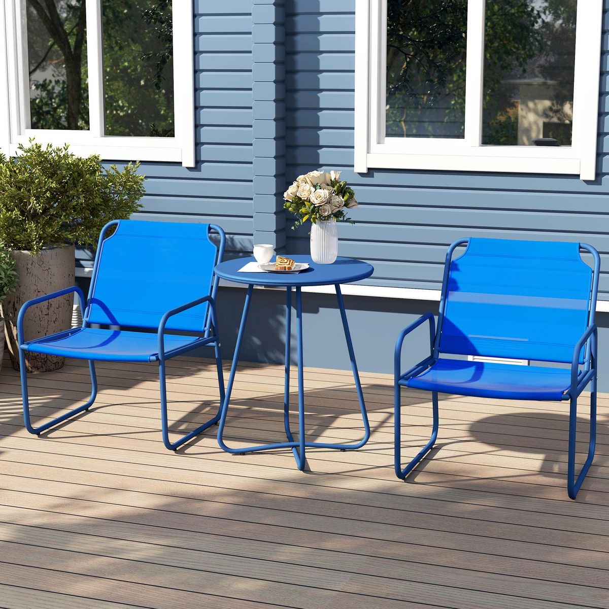 OUTSUNNY Ensemble salon de jardin 3 pcs 2 fauteuils et table ronde bleu