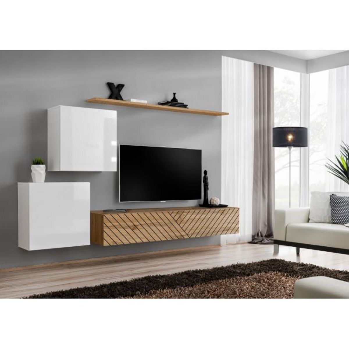 Paris Prix Ensemble Meuble TV  Switch Lamel V  250cm Naturel & Blanc