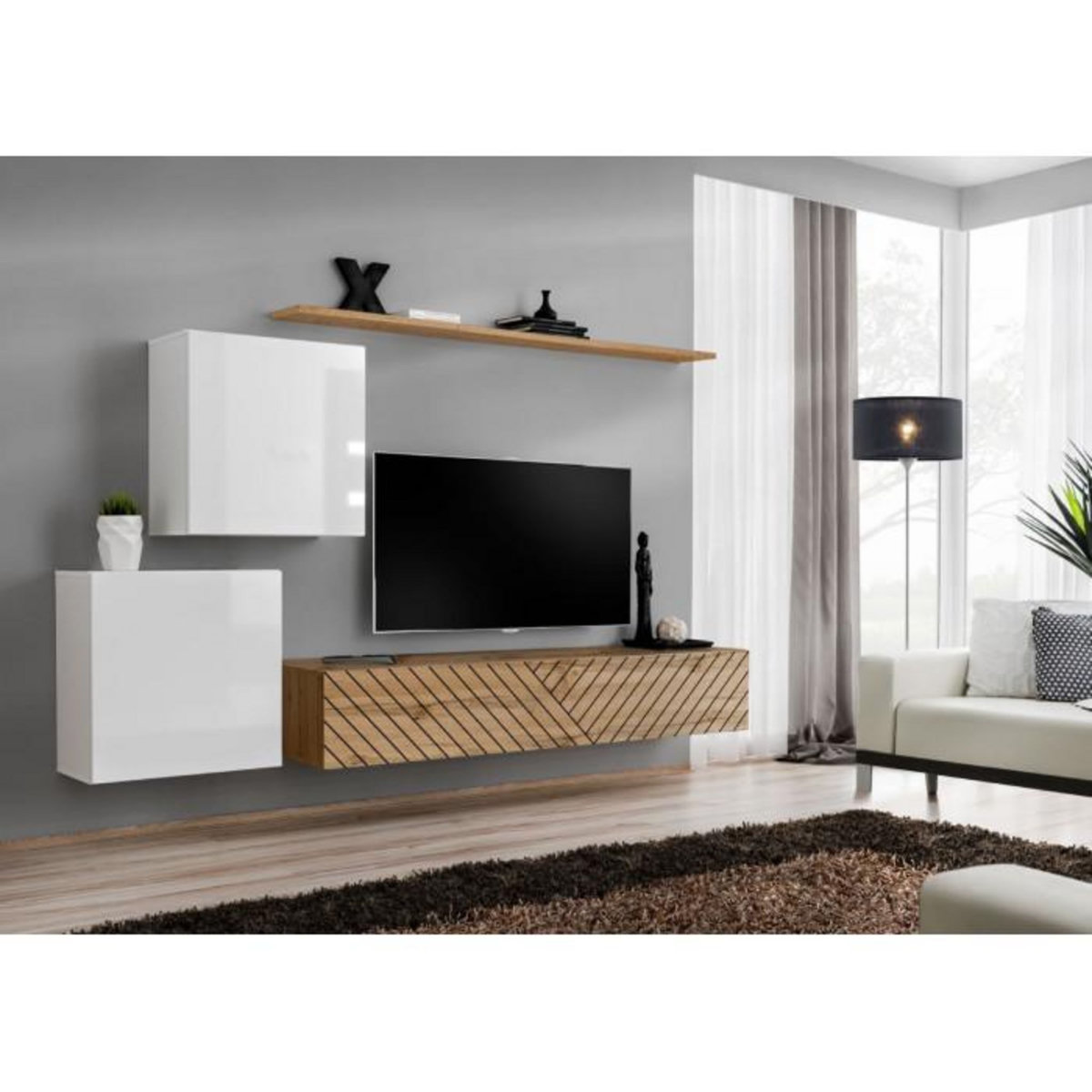 Paris Prix Ensemble Meuble TV  Switch Lamel V  250cm Naturel & Blanc