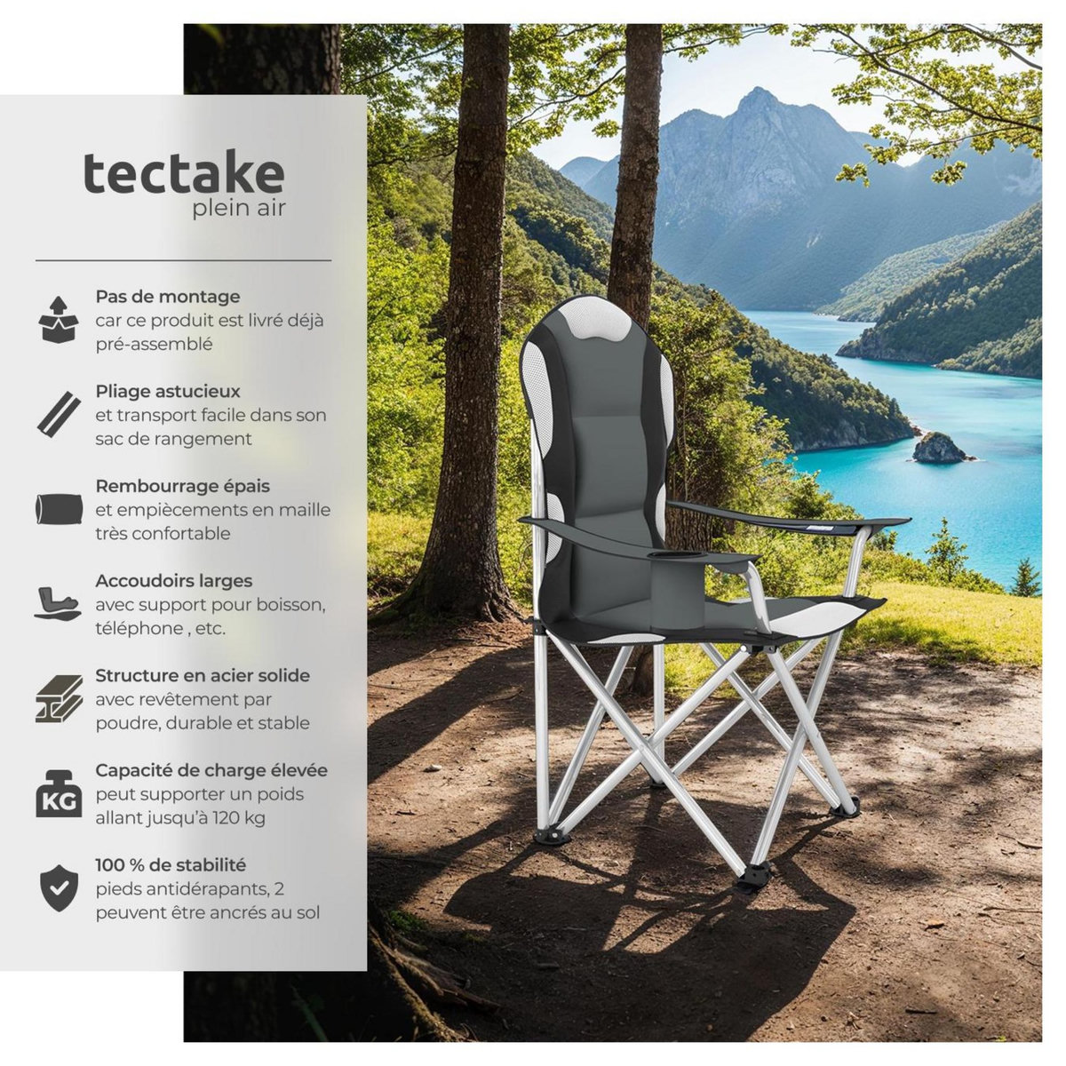 tectake Chaise de camping Pliable, avec Rembourrage gris
