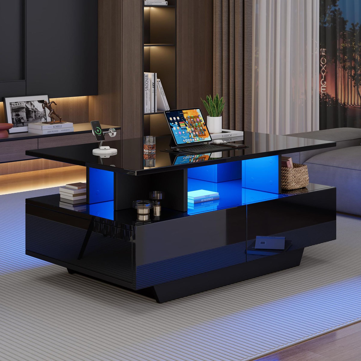 MERAX Table Basse Avec 2 Tiroirs Et LED