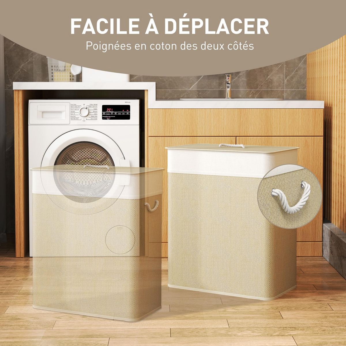 HOMCOM Panier à linge double 100L - corbeille à linge avec couvercle et poignées - tissage bambou écru