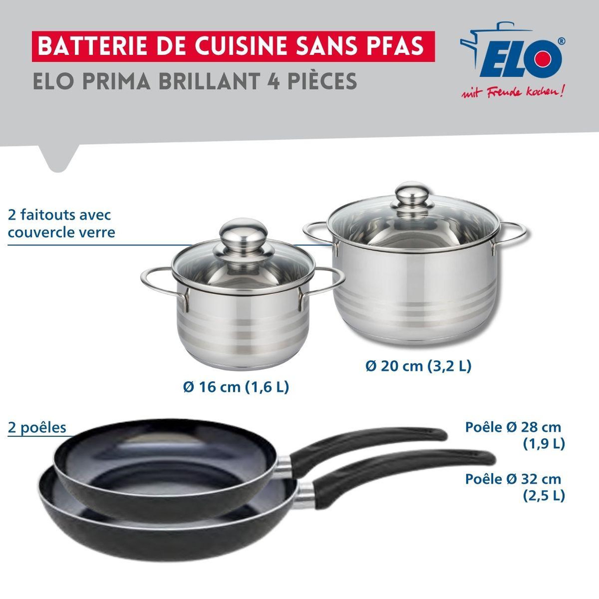 Voir la diapositive 2 : ELO Ensemble de 2 poêles de cuisson 28 et 32 cm et 2 faitouts 16 et 20 cm elo prima brillant