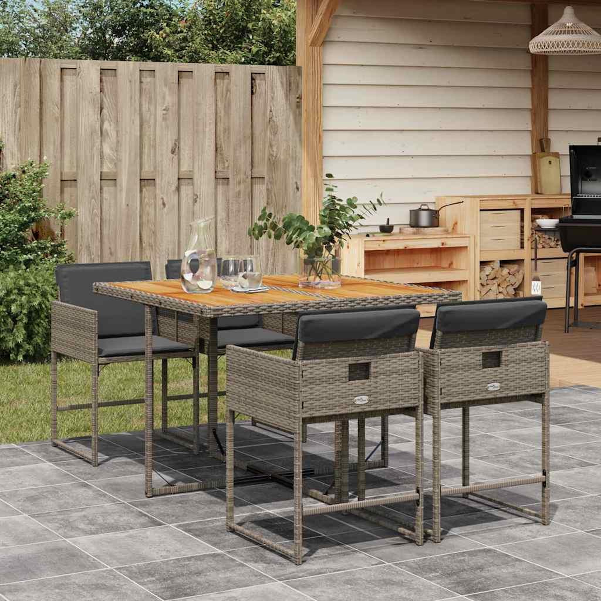 VIDAXL Ensemble a manger de jardin 5 pcs coussins gris resine tressee