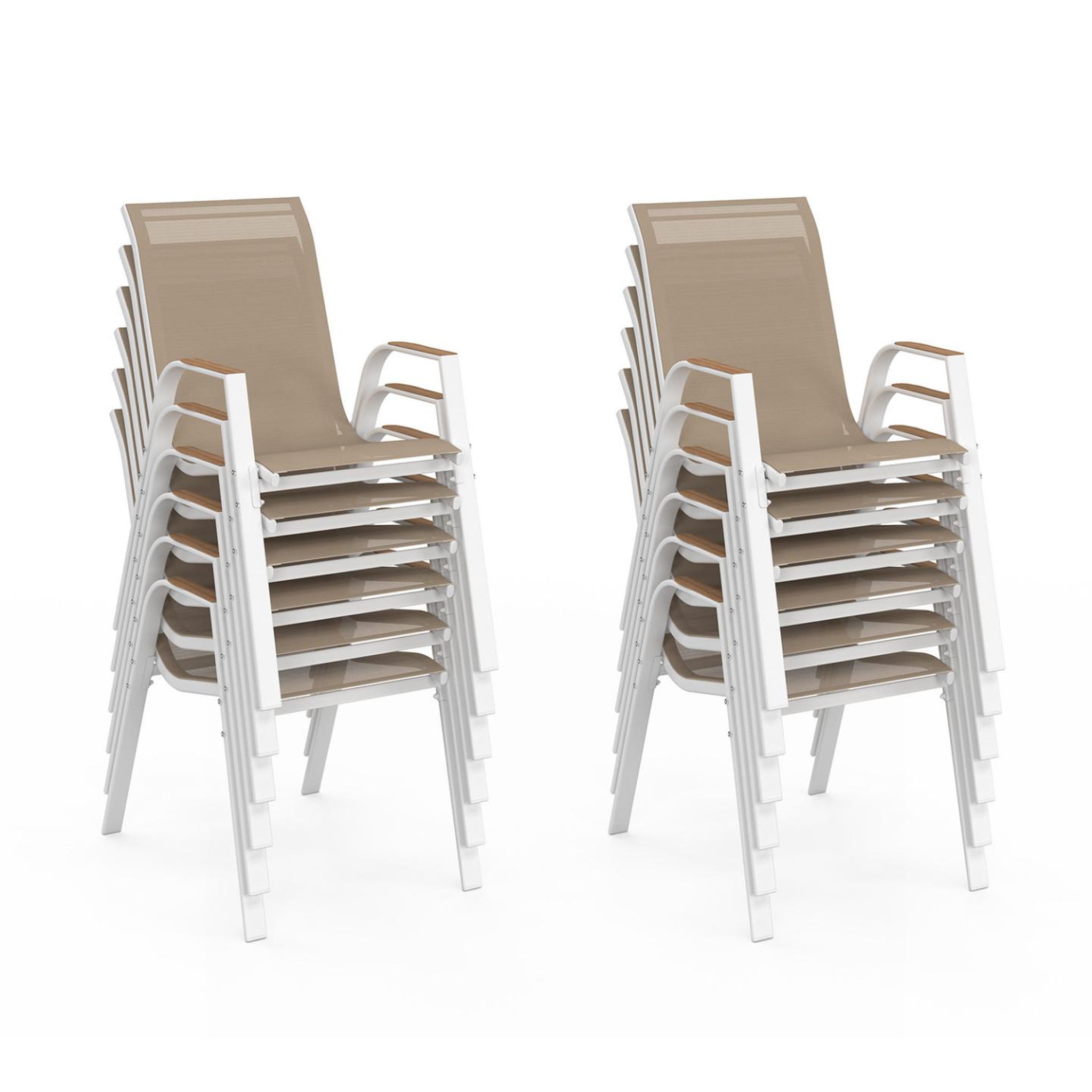 Voir la diapositive 5 : ID MARKET Salon de jardin noumea table extensible 135/270 cm plateau verre trempé effet bois et 12 chaises empilables blanc et bois