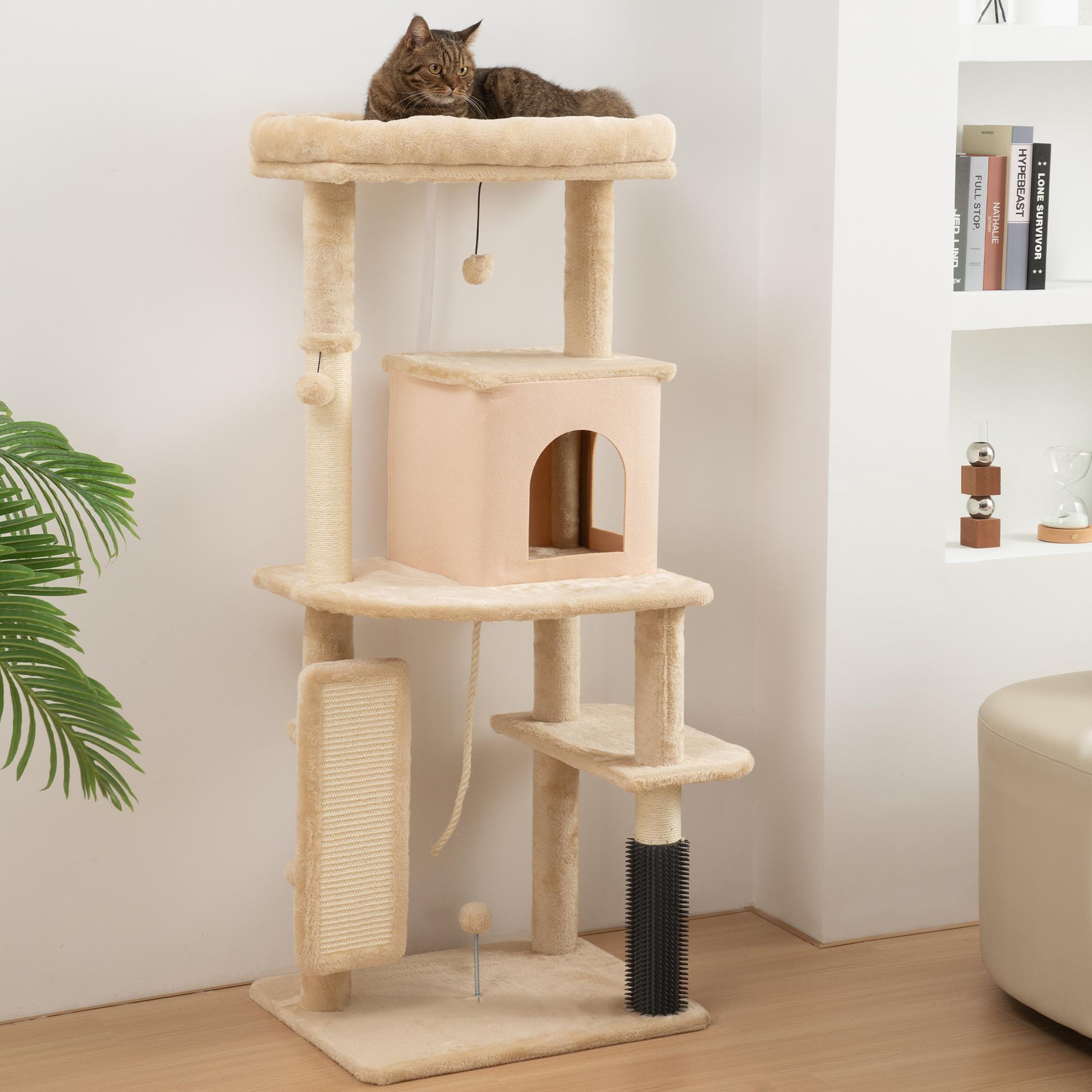 Voir la diapositive 2 : PAWHUT Arbre à chat design beige h.132cm bande massante griffoirs grattoirs nombreux jouets