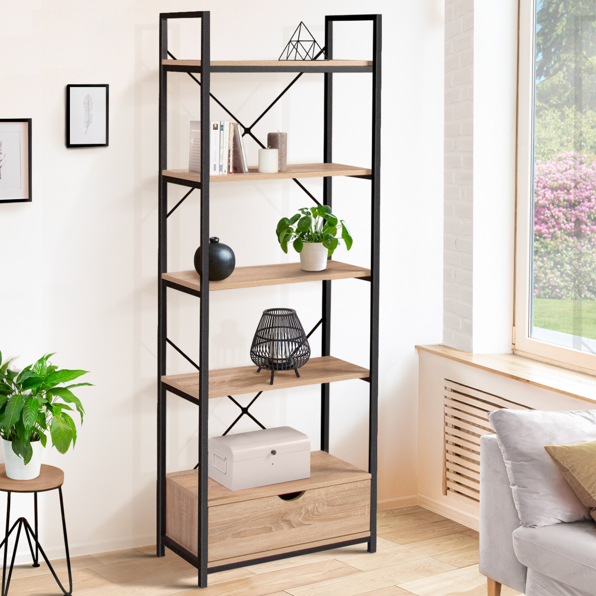 Voir la diapositive 2 : ID MARKET Etagère 5 niveaux avec tiroir detroit design industriel 170 cm